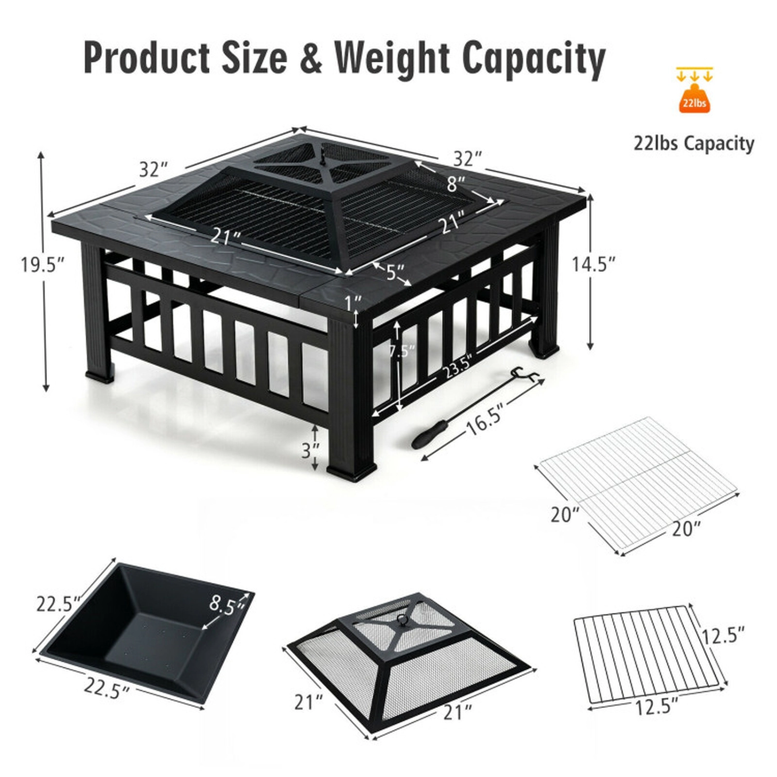 SUGIFT 3-in-1 Square Black Fire Pit Table with Grill Grate 32-in W 32-in D 19.5-in H 22-lb Fire Bowl Capacity
