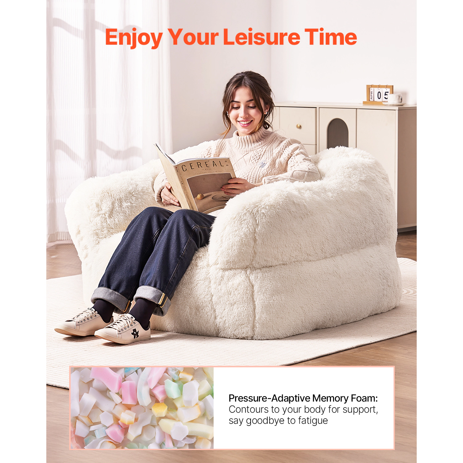 HONGGE Bean Bag Sofa Chair with Armrests, Ergonomic Back Support, Memory Foam Fill, Zippered Cover, Beige