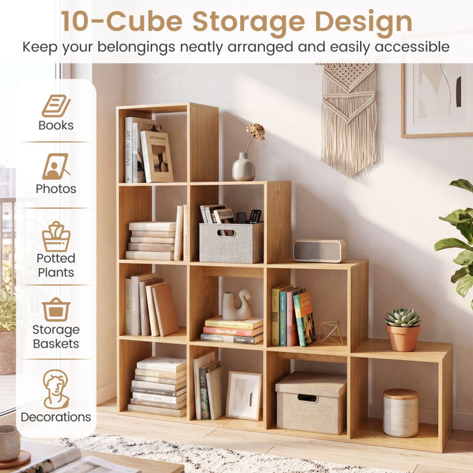 SUGIFT 4-Tier 10-Cube Engineered Wood Bookshelf with 25-lb Top Shelf and 15-lb Cube Capacity 51.5-in Tall White