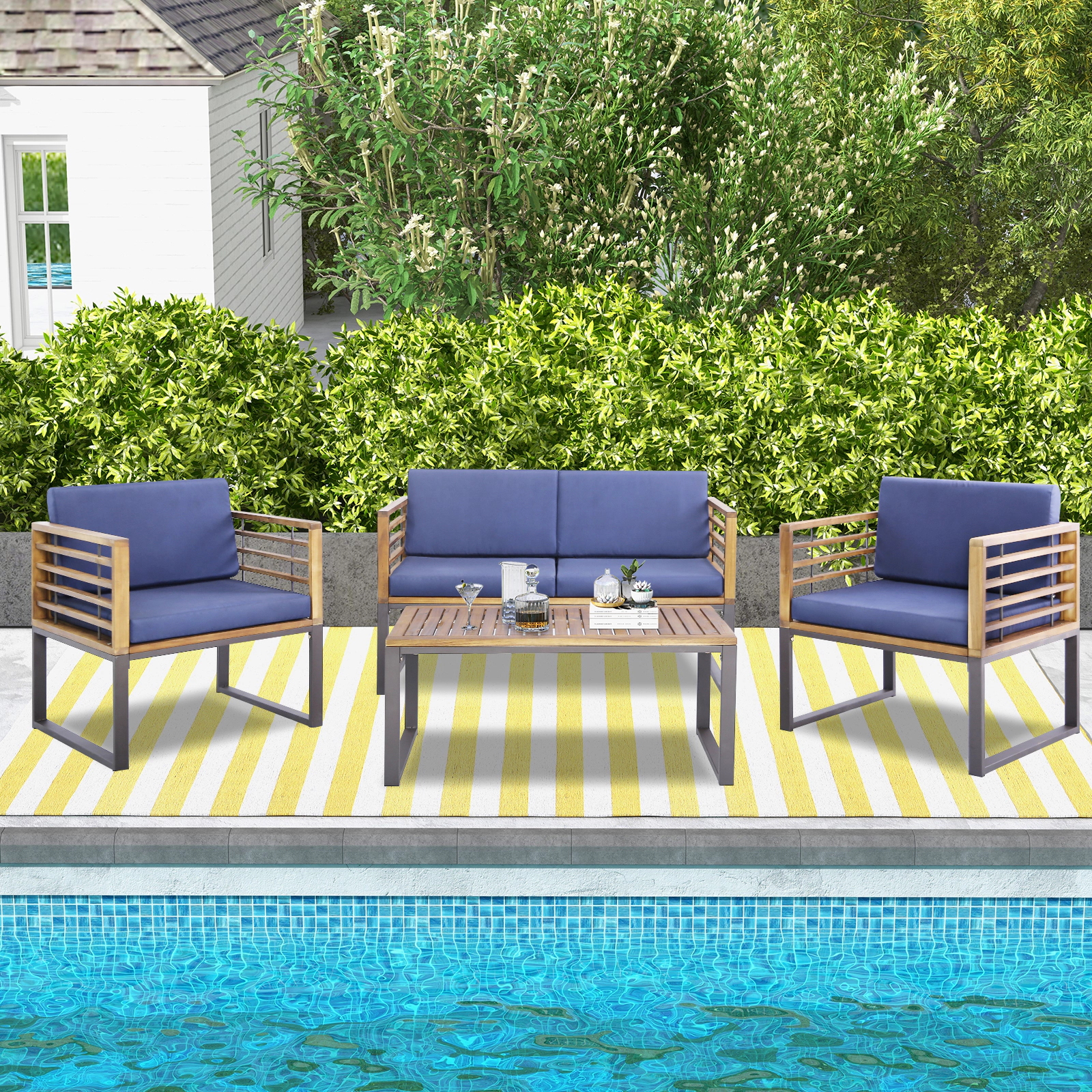 LJG 4 Piece Patio Acacia Wood Conversation Set with Soft Seat