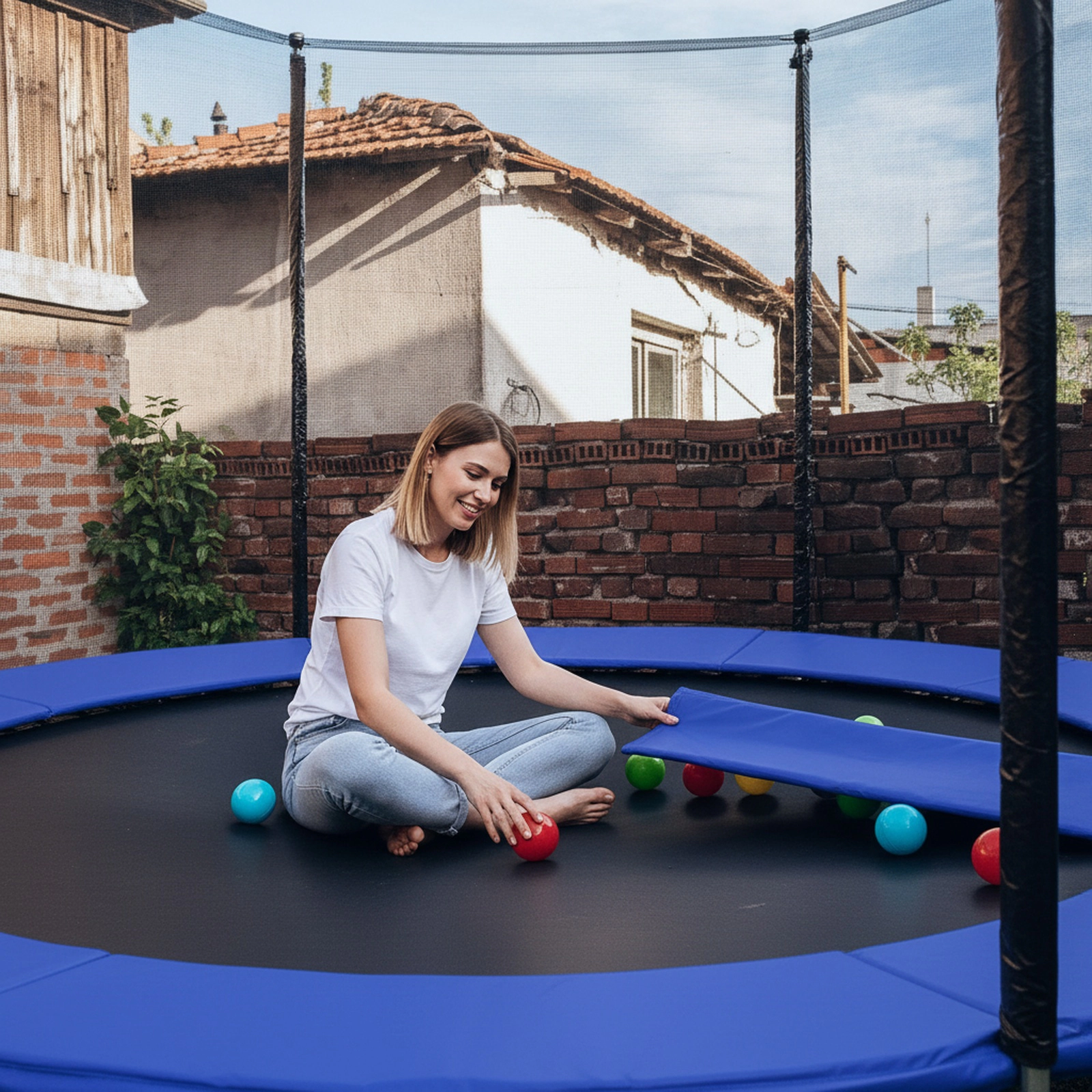 12-ft Trampoline Safety Pad Replacement Waterproof Spring Cover 0.6-in EPE Foam Elastic Straps Round Frames Blue