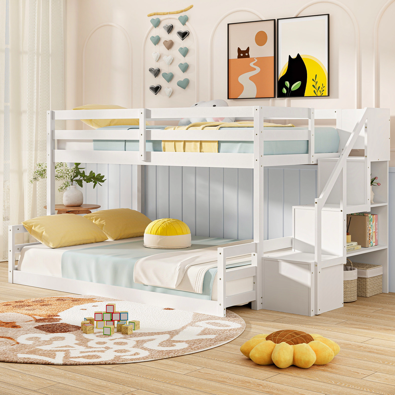 SUGIFT White Twin-over-Full Solid Wood Bunk Bed with Storage Stairs