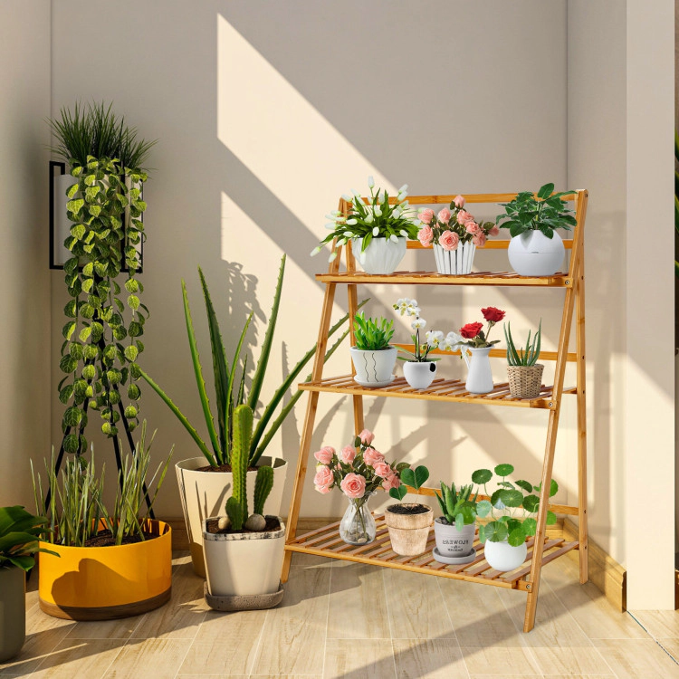 Hivvago 3-Tier Bamboo Fold able Plant Stand with Display Shelf Rack