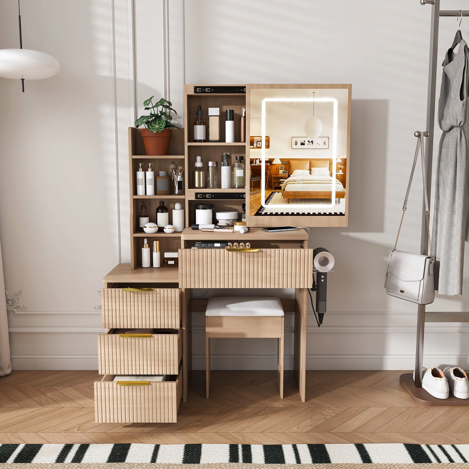 GBruno Lighted Vanity Desk Set With Stool And Storage