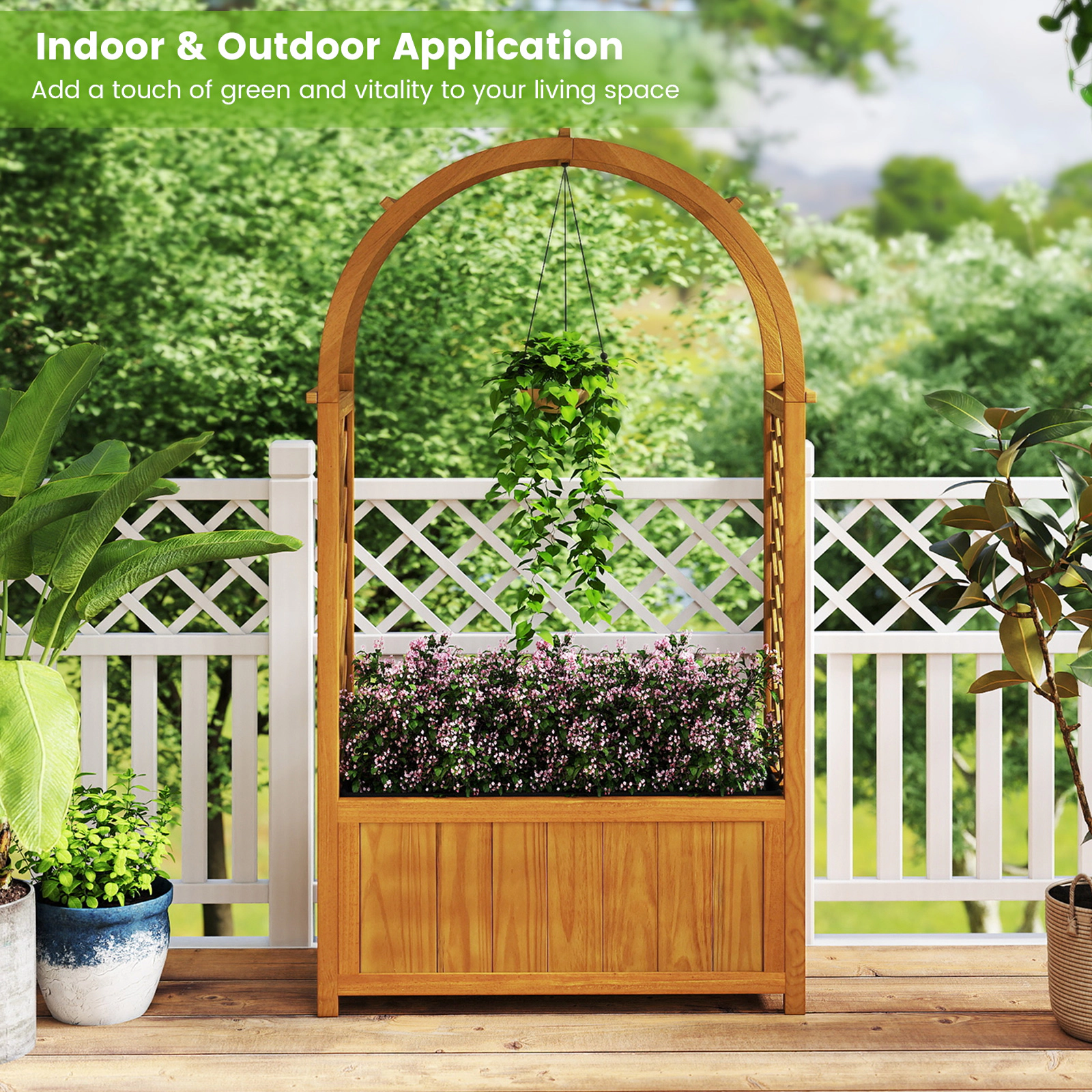 SUGIFT 57-in Tall 88-lb Capacity Pine Wood Raised Garden Bed with Dual Lattice Trellis Arched Roof and Liner