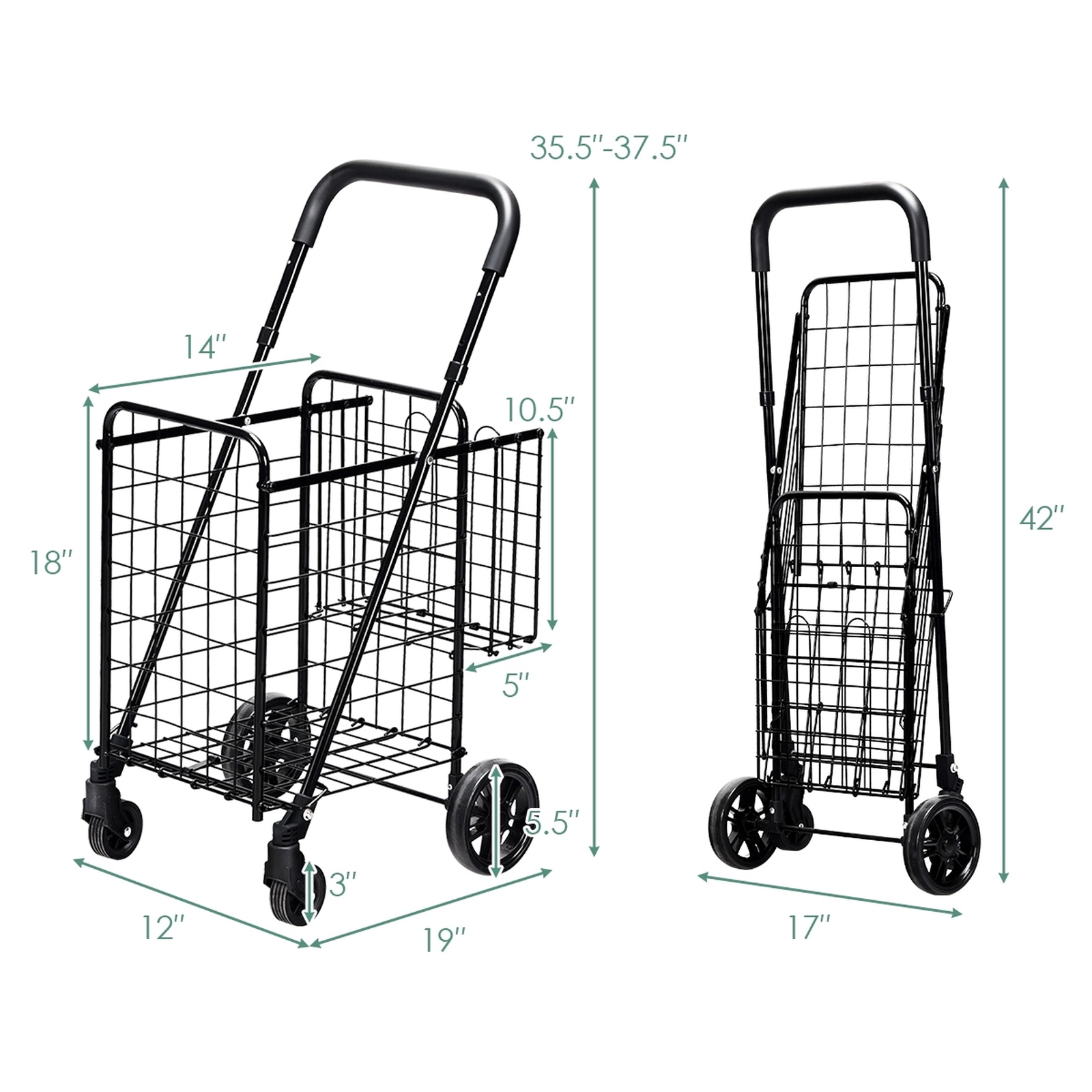 SUGIFT 44-lb Capacity Folding Shopping Cart with Wheels 2-Basket Rolling Grocery Trolley and Handle