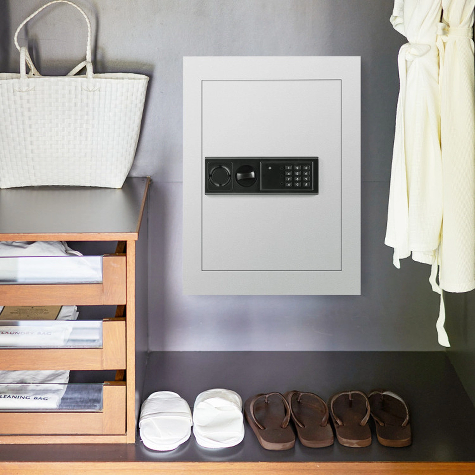 SUGIFT 2-Shelf Digital Keypad Override Key Recessed Wall Safe Box 22-in x 16-in 4-mm Steel Door 2-mm Panel White