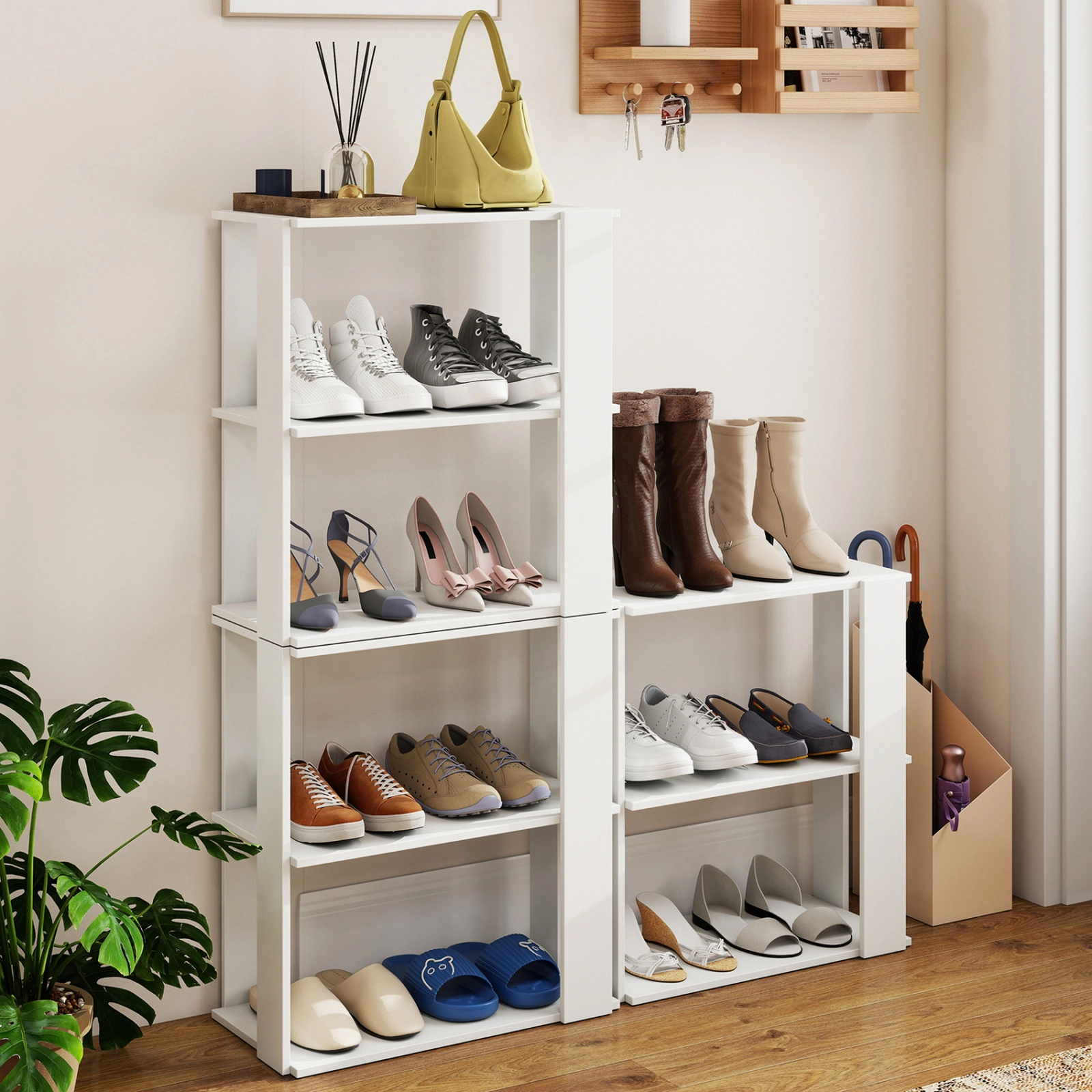 SUGIFT Set of 2 35-lb Per Tier 20.5-in 3-Tier Stackable Wooden Shoe Rack with Anti-Tipping Device