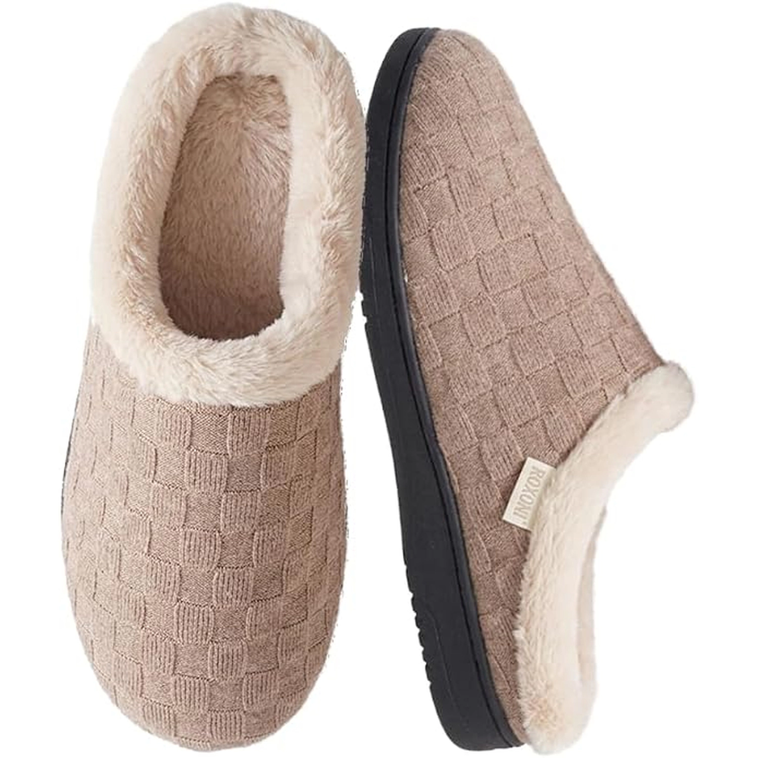 Women’s Woven Knit Fleece Clog Slippers, Cozy Plush Faux Fur Lined Memory Foam House Shoes