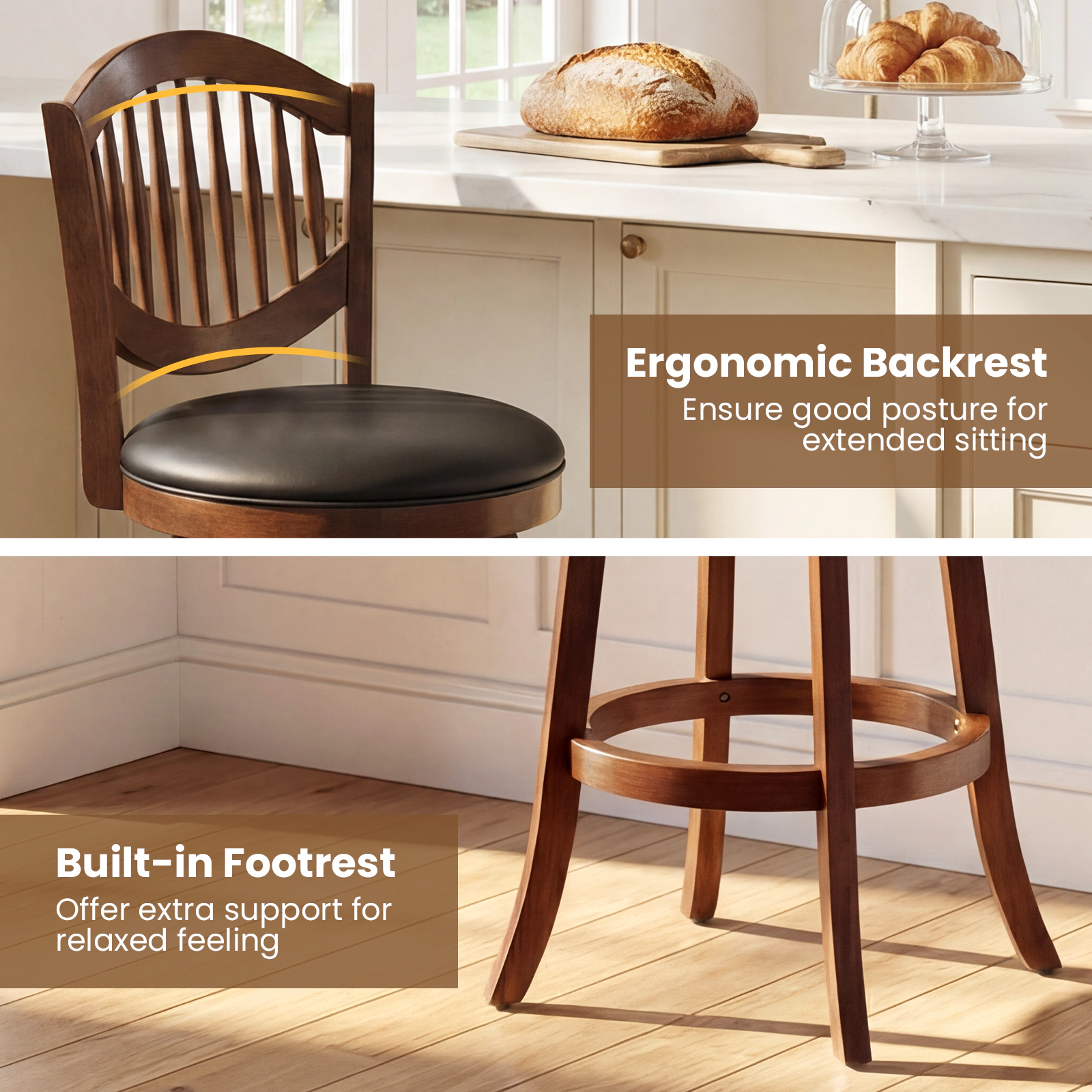 SUGIFT Set of 2 Swivel Bar Stools, 25 or 30 in, PVC Leather, Espresso Wood Frame
