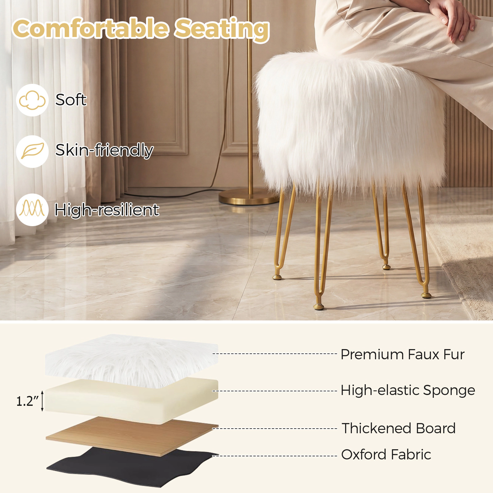 SUGIFT Faux Fur Vanity Stool Chair with Metal Legs 330-lb Capacity White