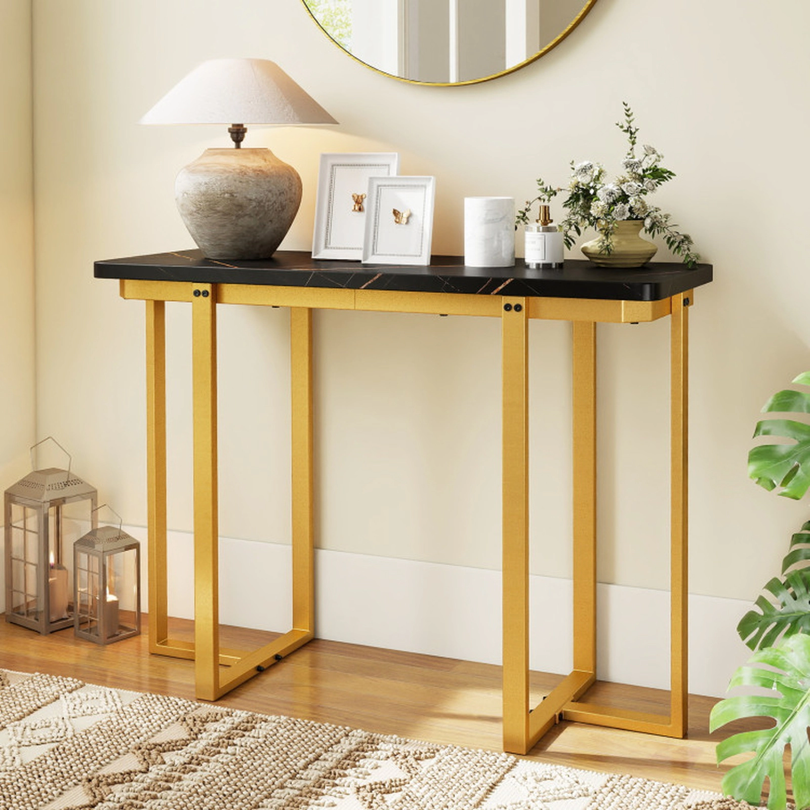 SUGIFT Narrow Faux Marble Top Gold Geometric Metal Frame Console Table 42-in x 16-in x 32-in 155-lb Capacity Black