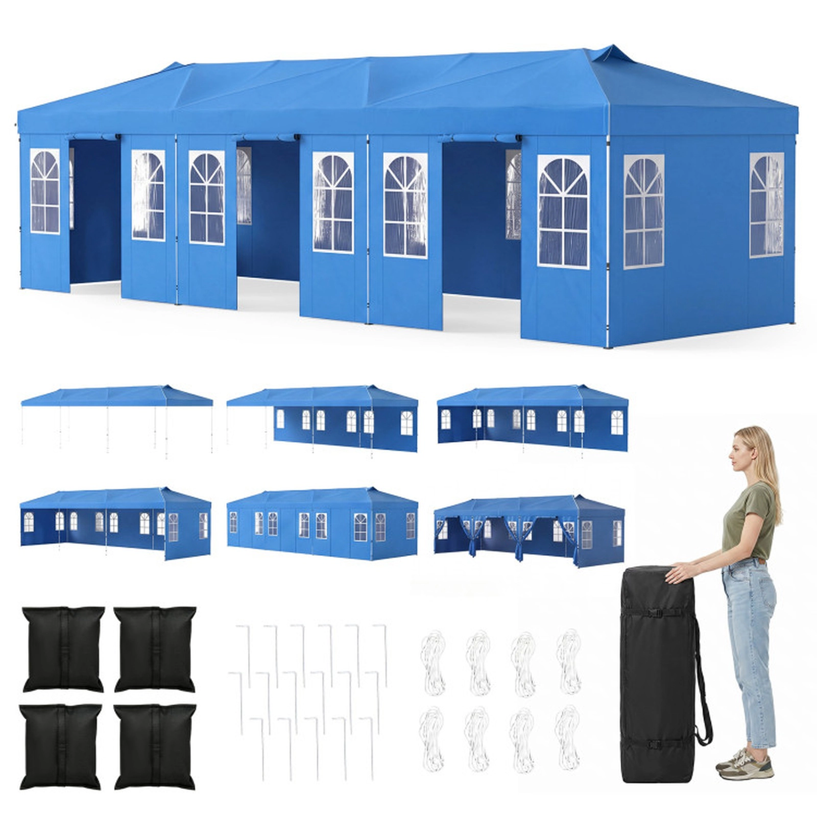 SUGIFT Blue 10-ft by 30-ft 3-Level 210D Oxford Pop Up Canopy Tent with 8 Sidewalls and Church Windows
