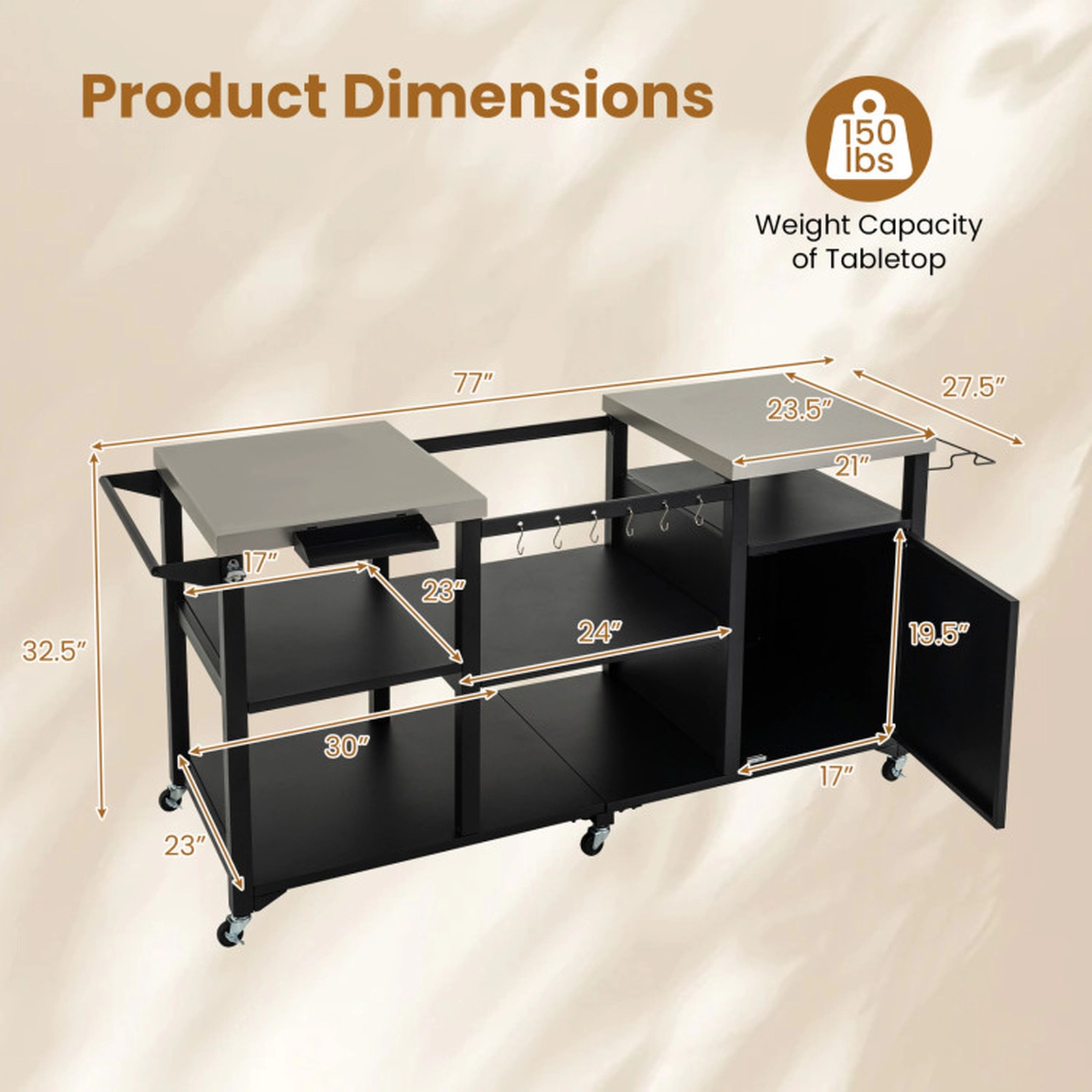 SUGIFT 180-lb Shelf Capacity 77-in Black Outdoor Grill Cart with Stainless Tops Cabinet and 6 Hooks