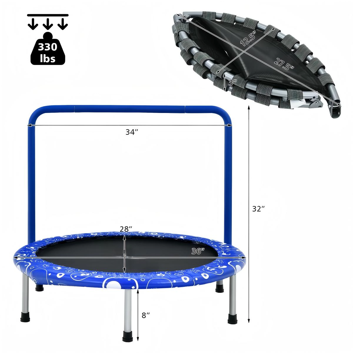 SUGIFT 36-in Kids Mini Trampoline Rebounder Full Covered Handrail 330-lb Capacity Ages 3-10 Foldable 36 x 32 in Blue
