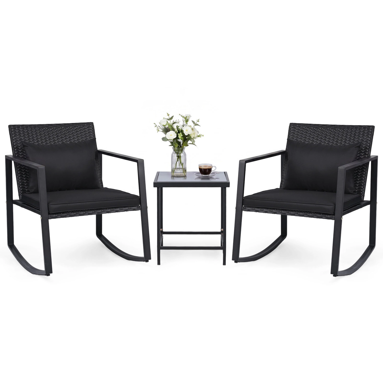 LJG 3-Piece Outdoor Rocking Bistro Set with Soft Cushions and Tempered Glass Table