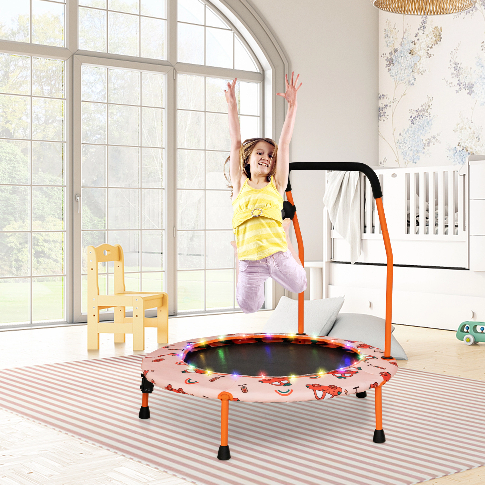36-in Mini Trampoline Kids LED Lights Bluetooth Speaker 20 Bungee Cord Silent Bounce Foam Handle Orange Rebounder