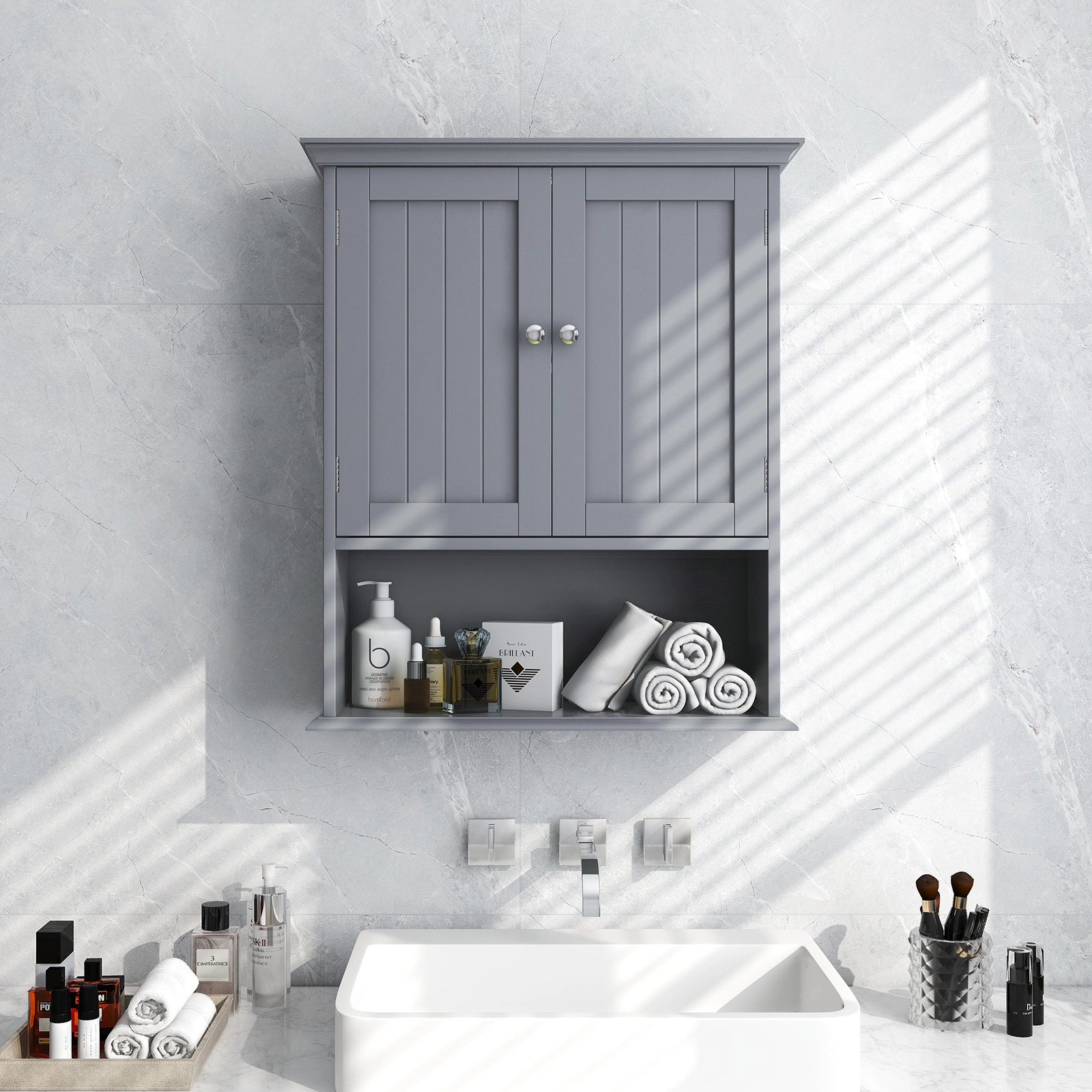 Slickblue Wall Mounted Bathroom Storage Cabinet with Adjustable Shelf and Open Storage