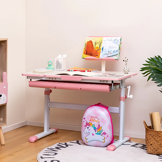 SUGIFT Pink Kids Desk, Height-Adjustable 20 to 28.8 in, 7-Level Tilt Top, Book Stand and Drawer