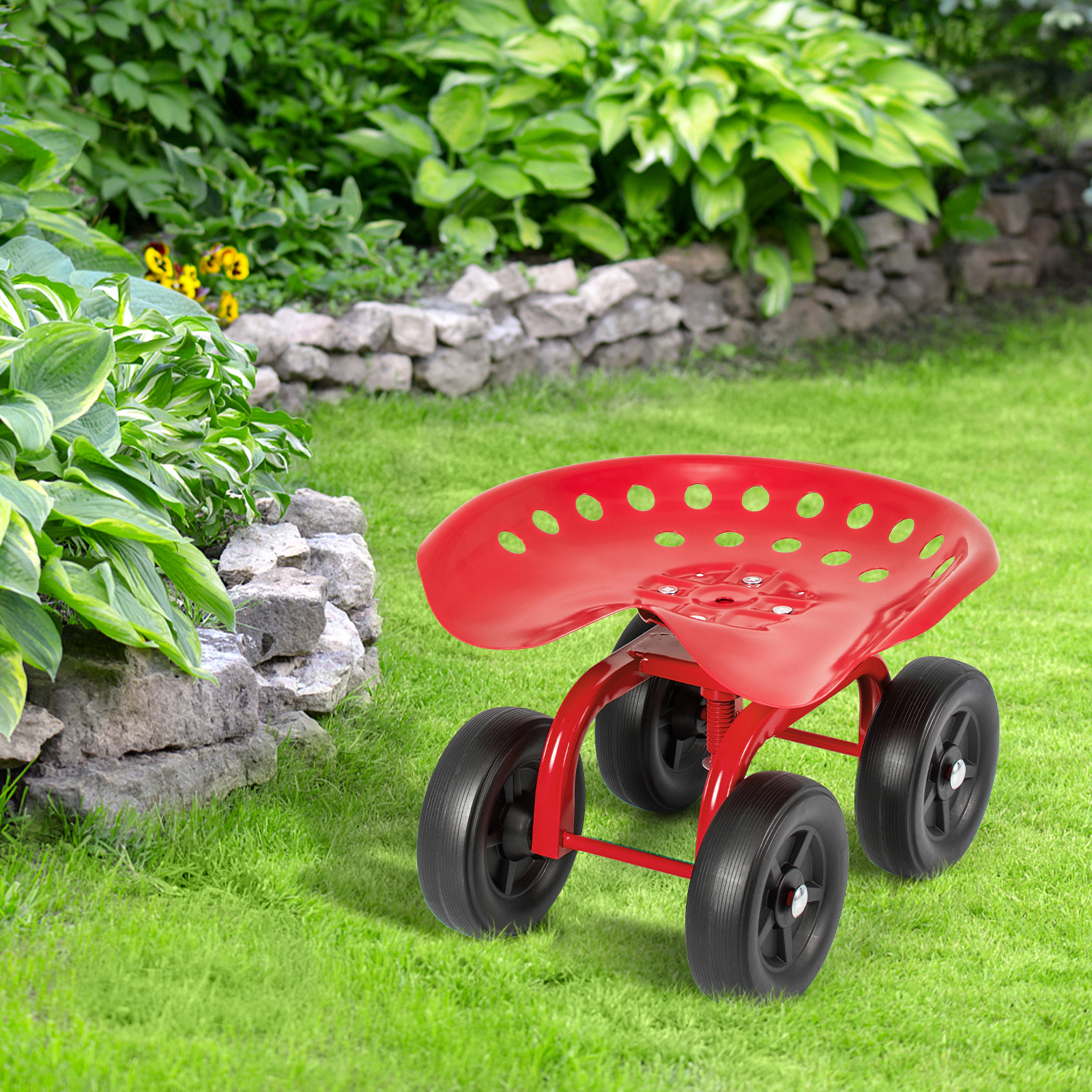 SUGIFT Red 330-lb Capacity Rolling Garden Work Seat Swivel Stool with Height Adjustment and Quiet Wheels