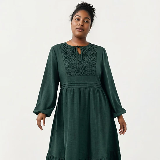 Anna-Kaci Women's Plus Size Long Sleeve Embroidered Elastic Waist Tiered Hem Midi Dress