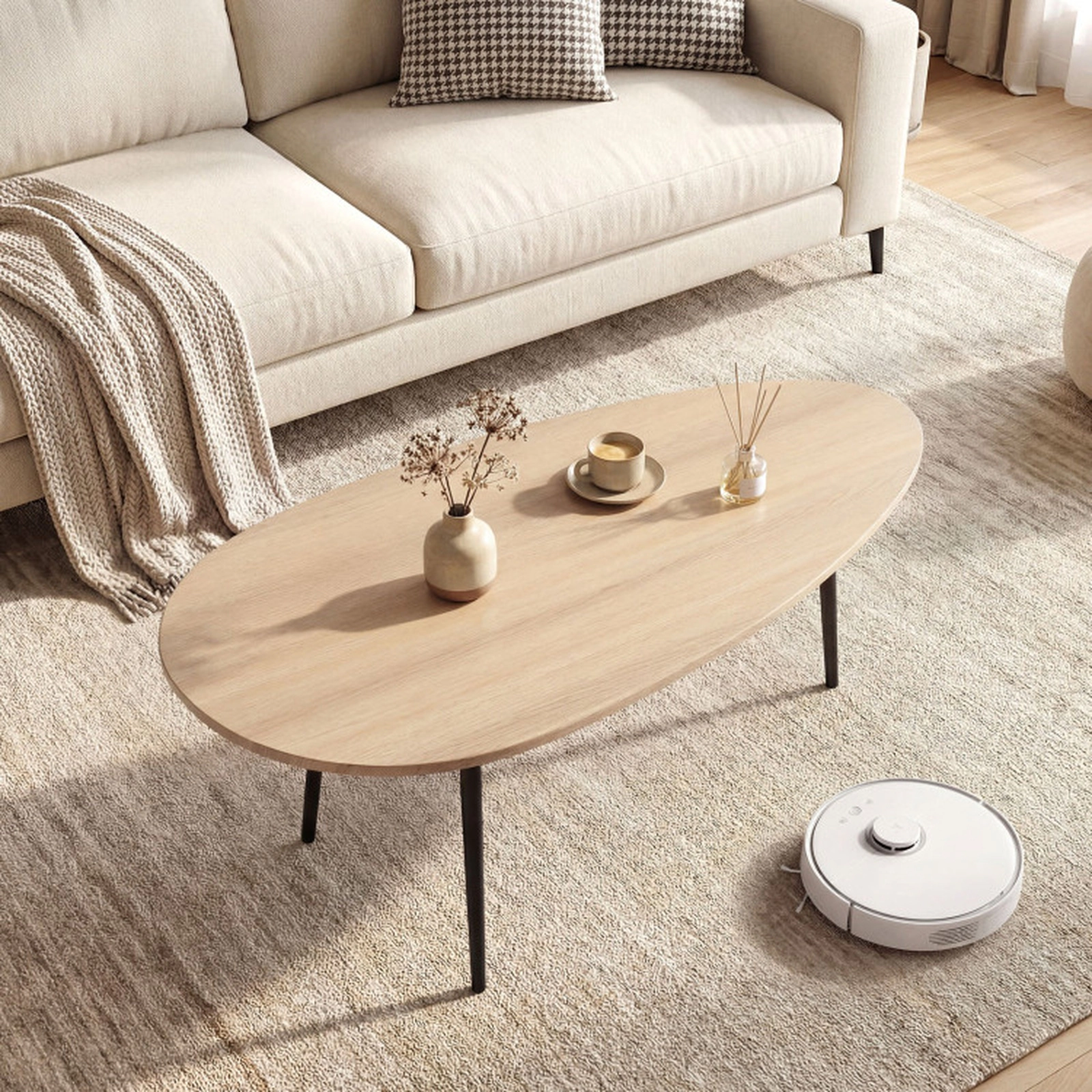 SUGIFT Mid Century Oval Coffee Table with Sturdy Metal Construction 99-lb Capacity Natural Walnut Gray Black