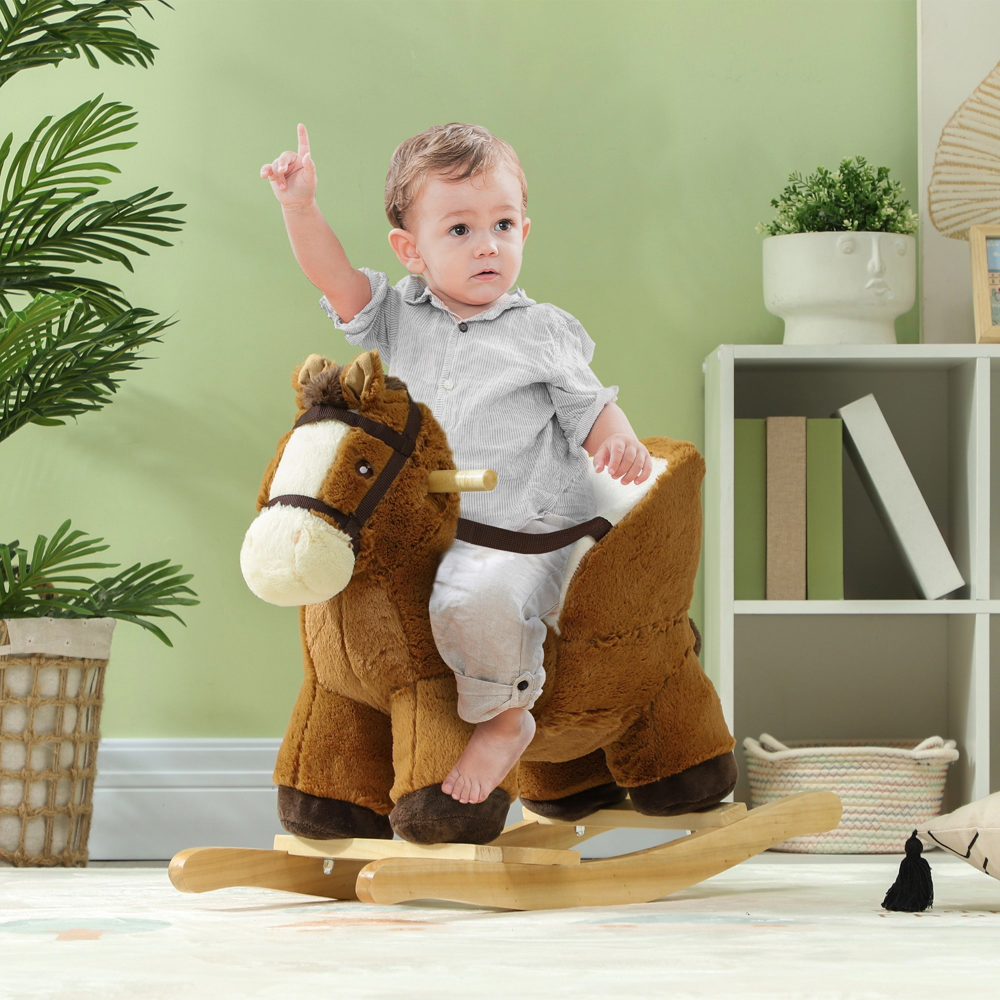 HONGGE Wooden Rocking Horse with Safety Belt and 3-Sided Seat, Sound Effects, Supports 55 lbs for Toddlers 18-36 Months