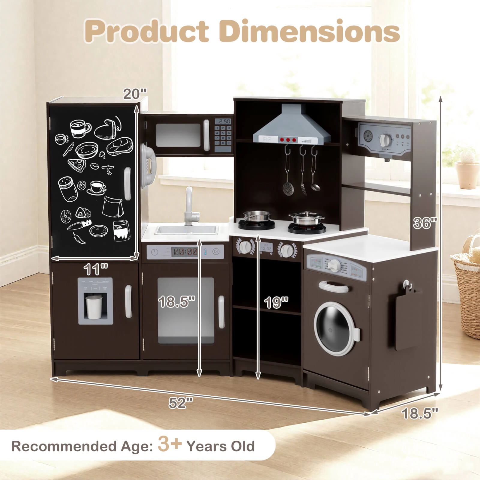 Costway Corner Kids Play Kitchen Wooden Pretend Toy with Realistic Lights Brown