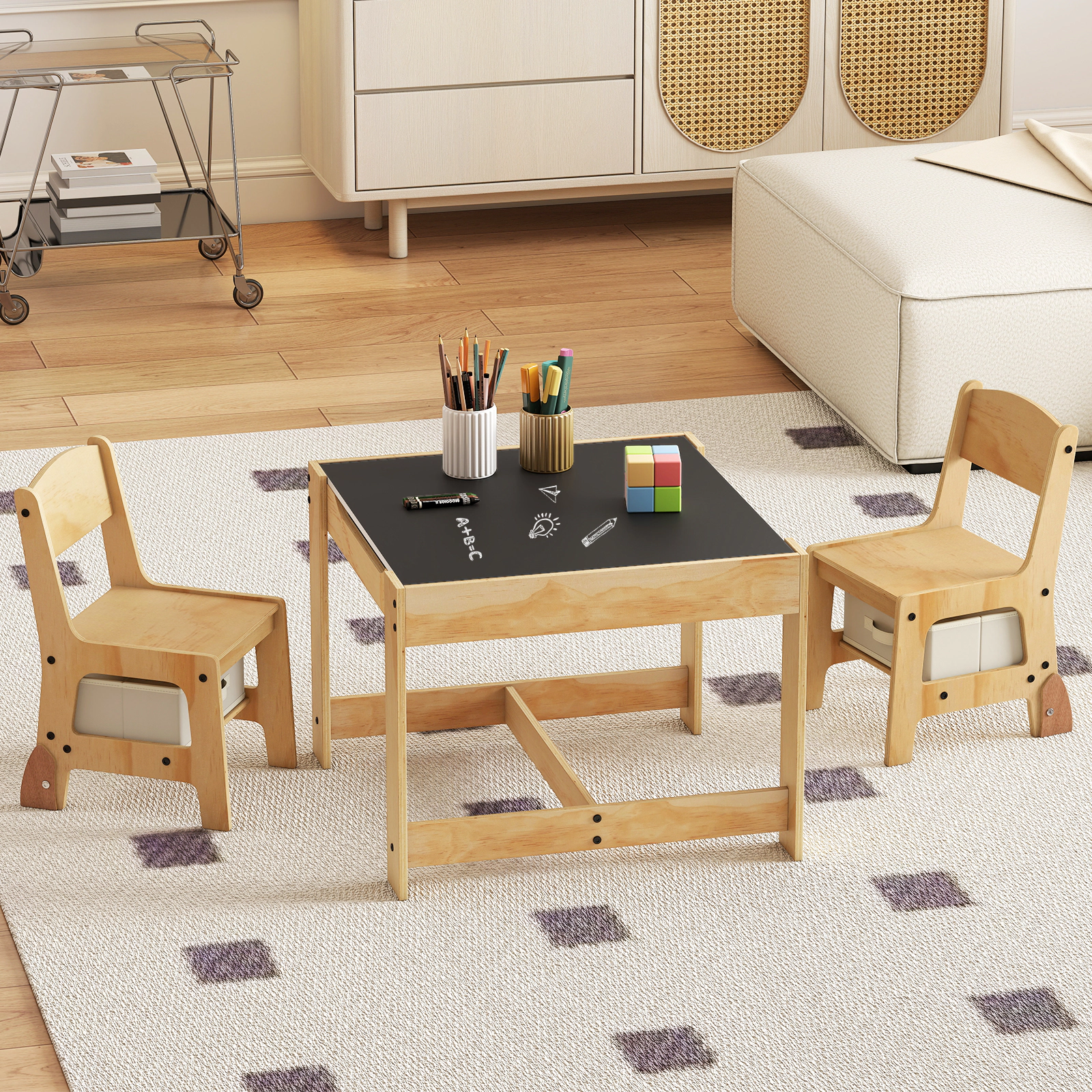SUGIFT 3-in-1 Kids Table & Chair Set Removable Double-Sided Top 100-lb Table Capacity Ages 3+ Natural & Gray/Natural