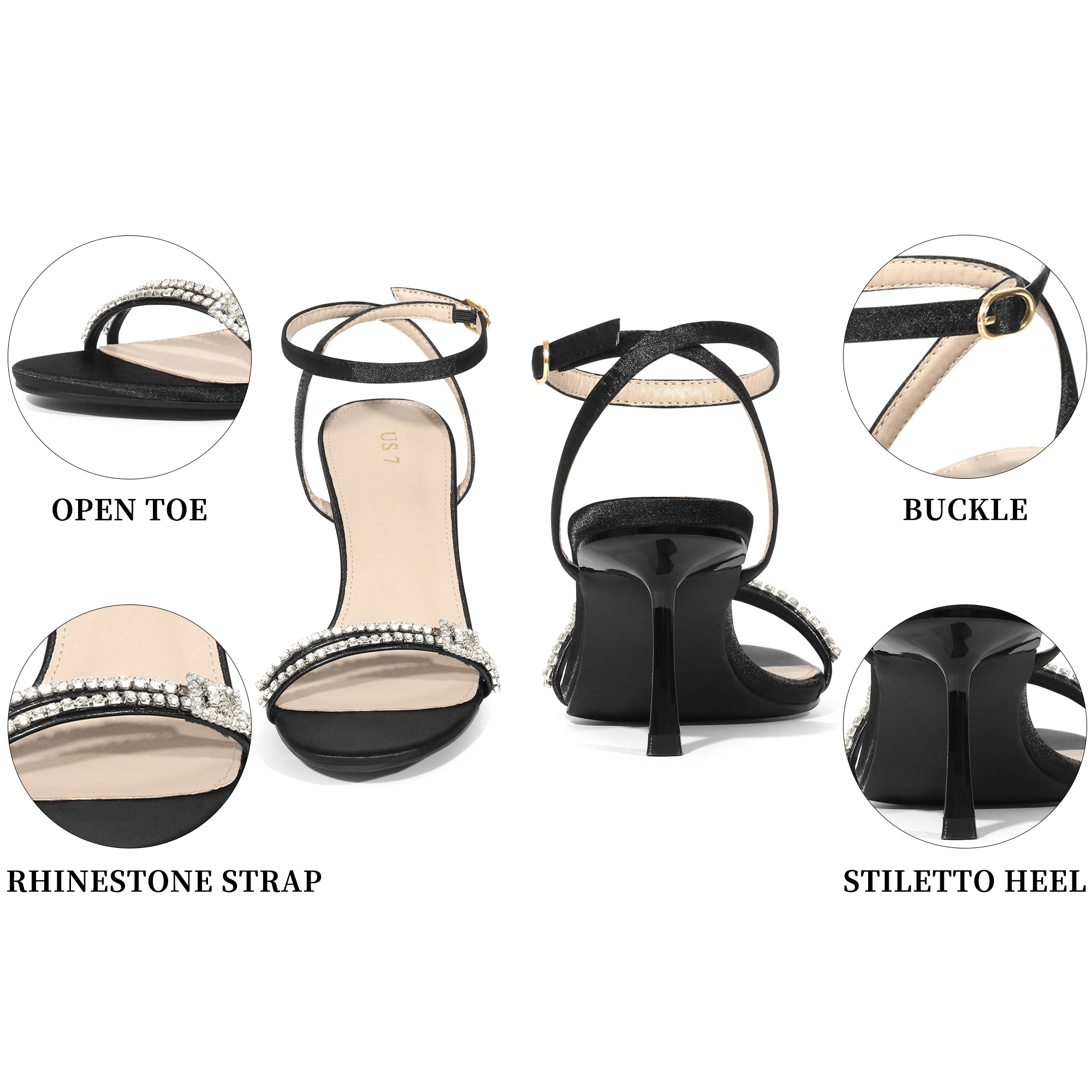 BLISSFUL STEP Women's Rhinestone Open Toe Strappy Slingback Heel Sandals