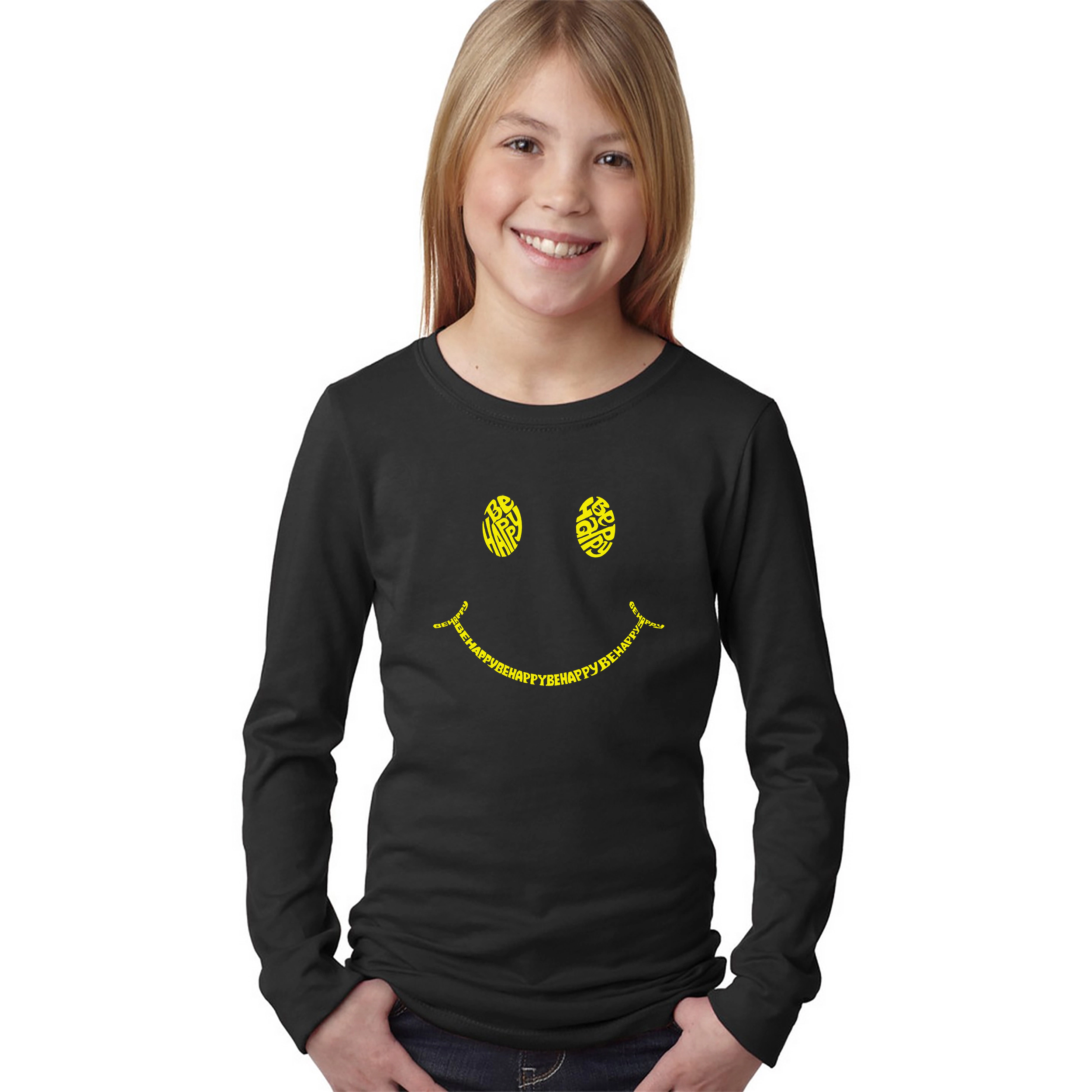 LA Pop Art Girls Long Sleeve Word T-Shirt - Be Happy Smiley Face