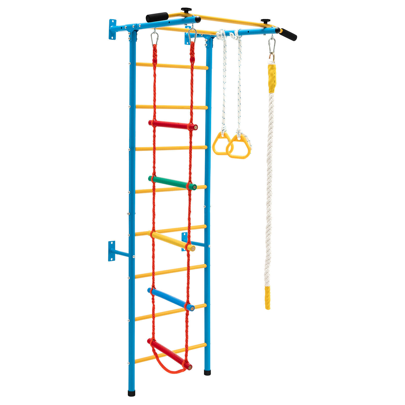 SUGIFT Yellow Pull-Up Bar and Gymnastic Rings 7-in-1 Kids Indoor Gym Swedish Wall Ladder