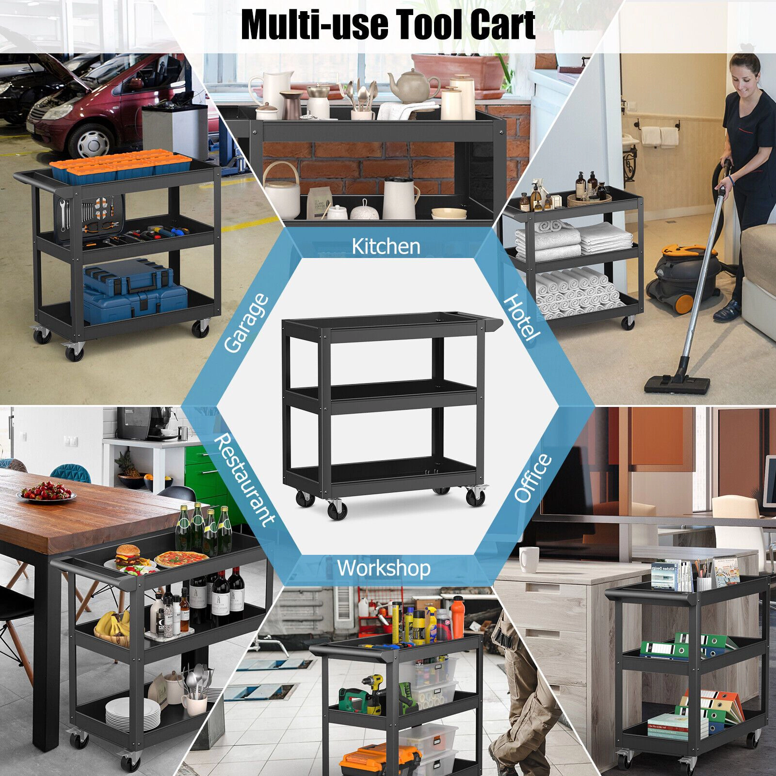 SlickBlue 3-Tier Utility Cart with Locking Wheels and Large Storage Shelves