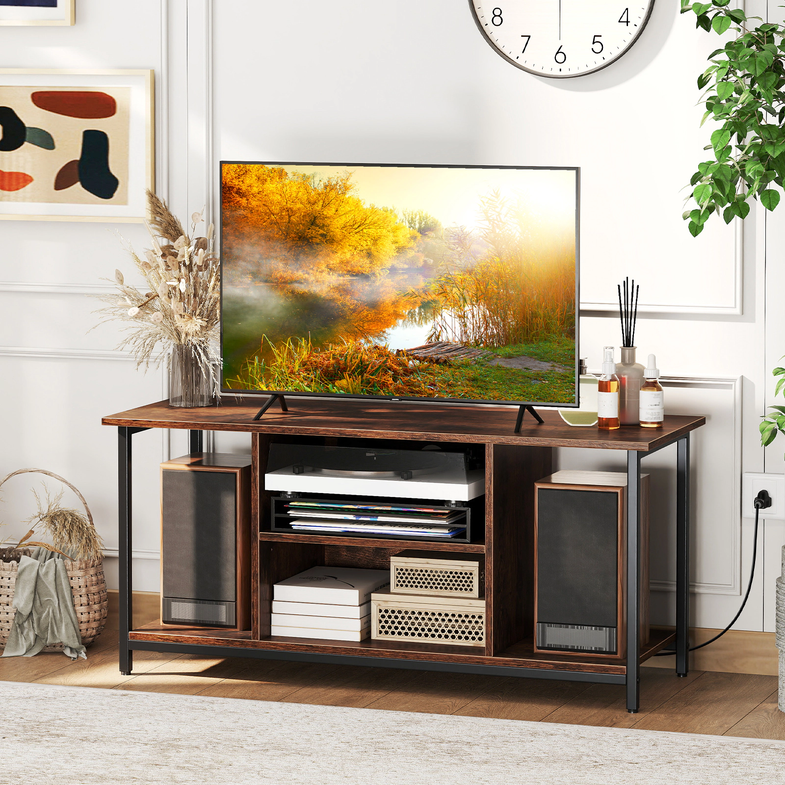 Glintex 42-Inch TV Stand with Built-In Power Outlets and USB Ports, Rustic Brown & Black