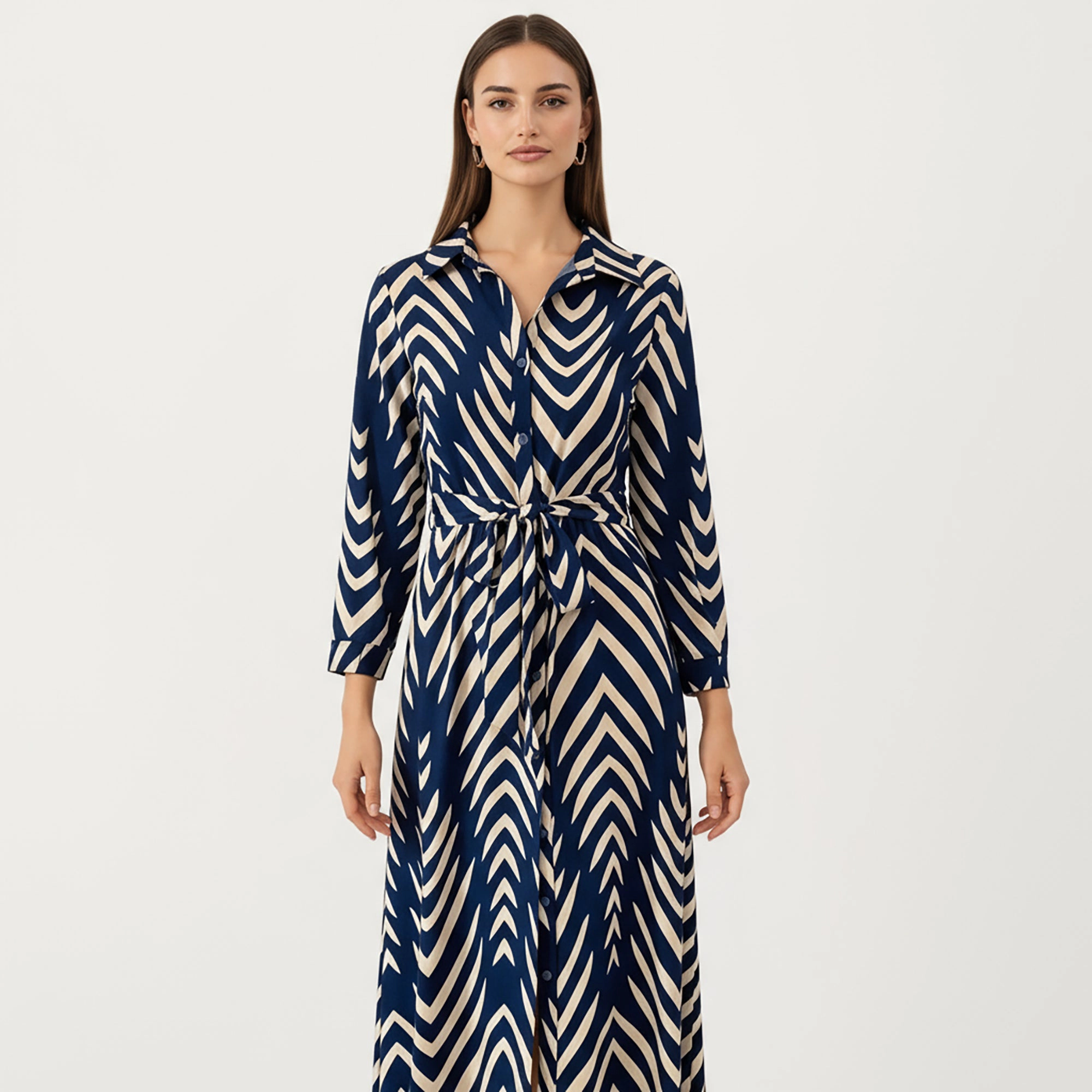 Anna-Kaci Womens Long Sleeve Chevron Print Maxi Shirt Dress