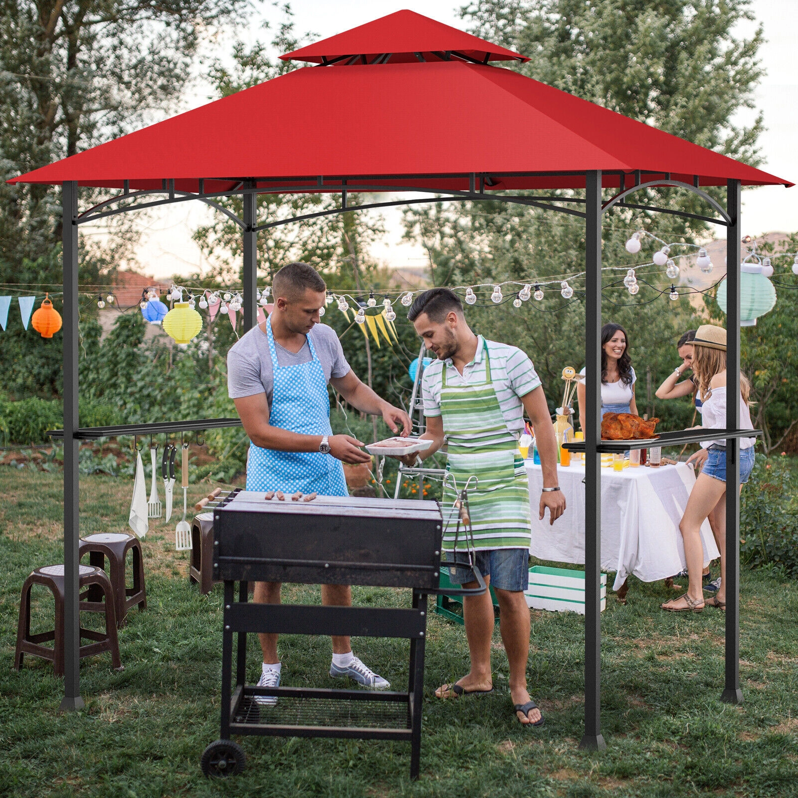 SUGIFT Wine Outdoor Barbecue Grill Gazebo Canopy with Double Roof and 3.9-ft Side Shelf 8-ft W 8.4-ft H