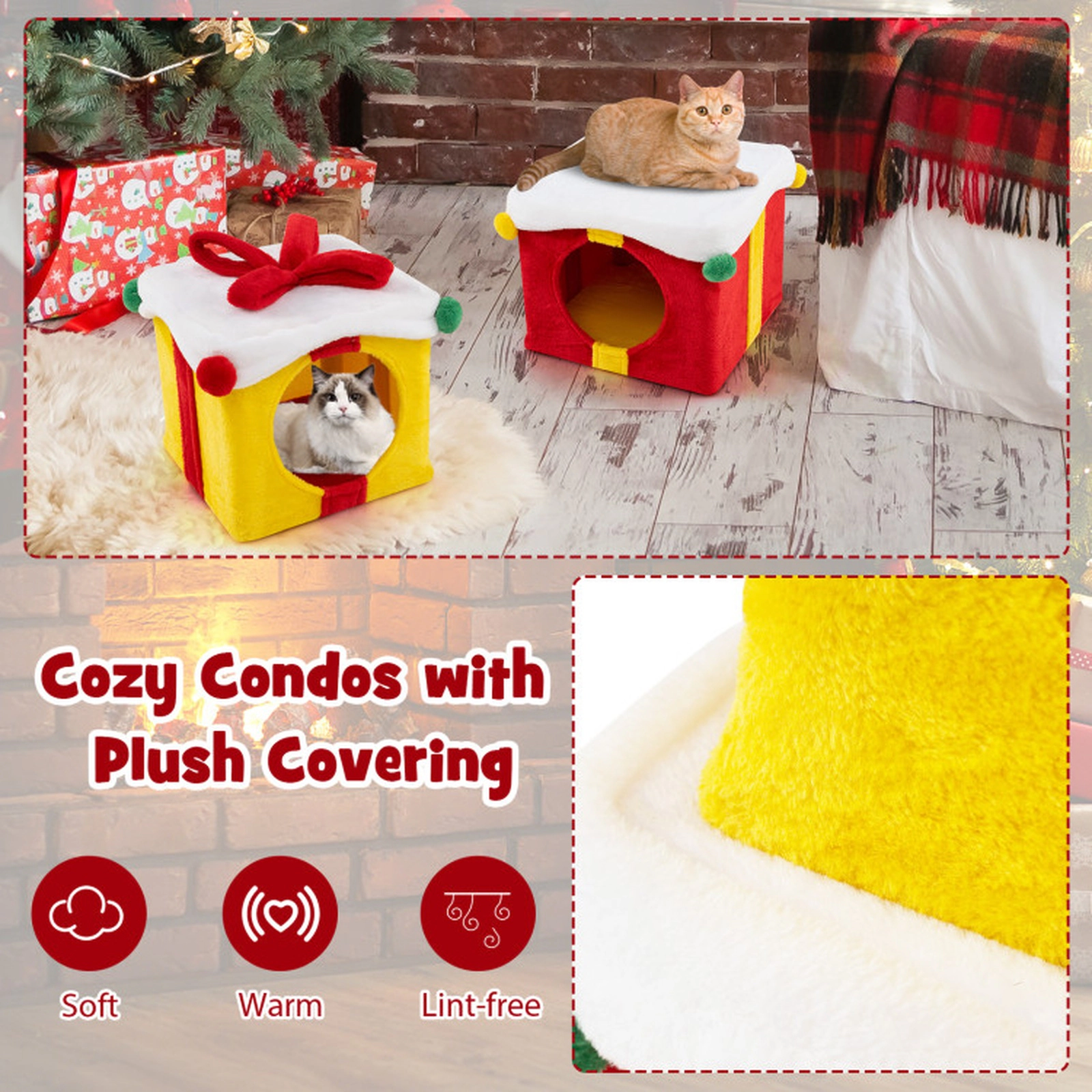 SUGIFT 2-Piece Gift Box Shaped Christmas Cat House with Stackable Double Condos 27-in Tall 22-lb Capacity Red and Yellow