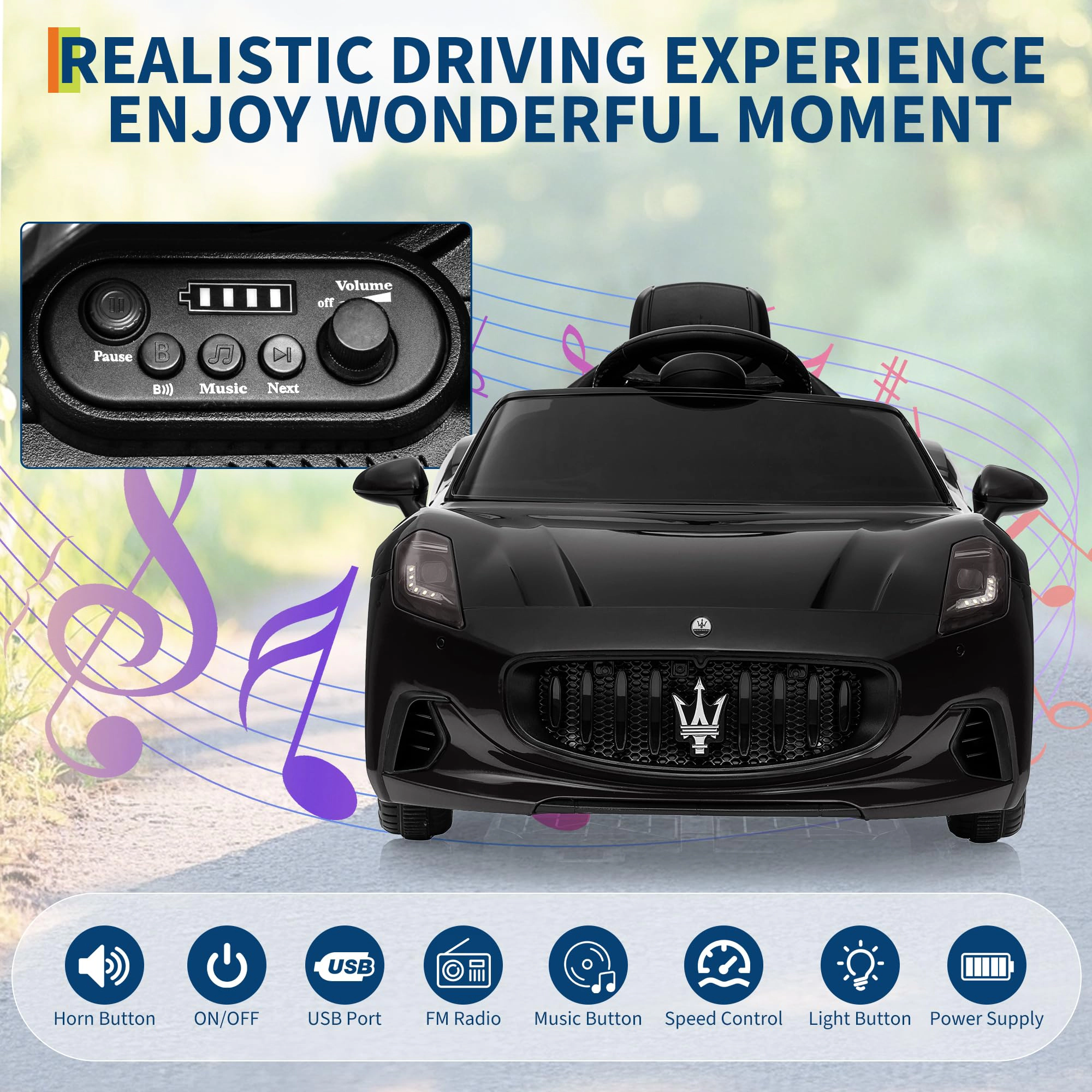Enjyam Licensed Maserati Gran Cabrio Ride On Car, 12V Electric Vehicle for Kids with Remote Control, Lights