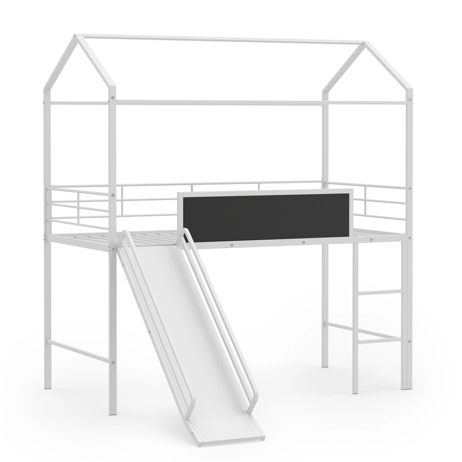 SUGIFT House-Shaped Kids Twin Loft Toddler Bed with Slide, Ladder and Chalkboard 250-lb Capacity Black/White
