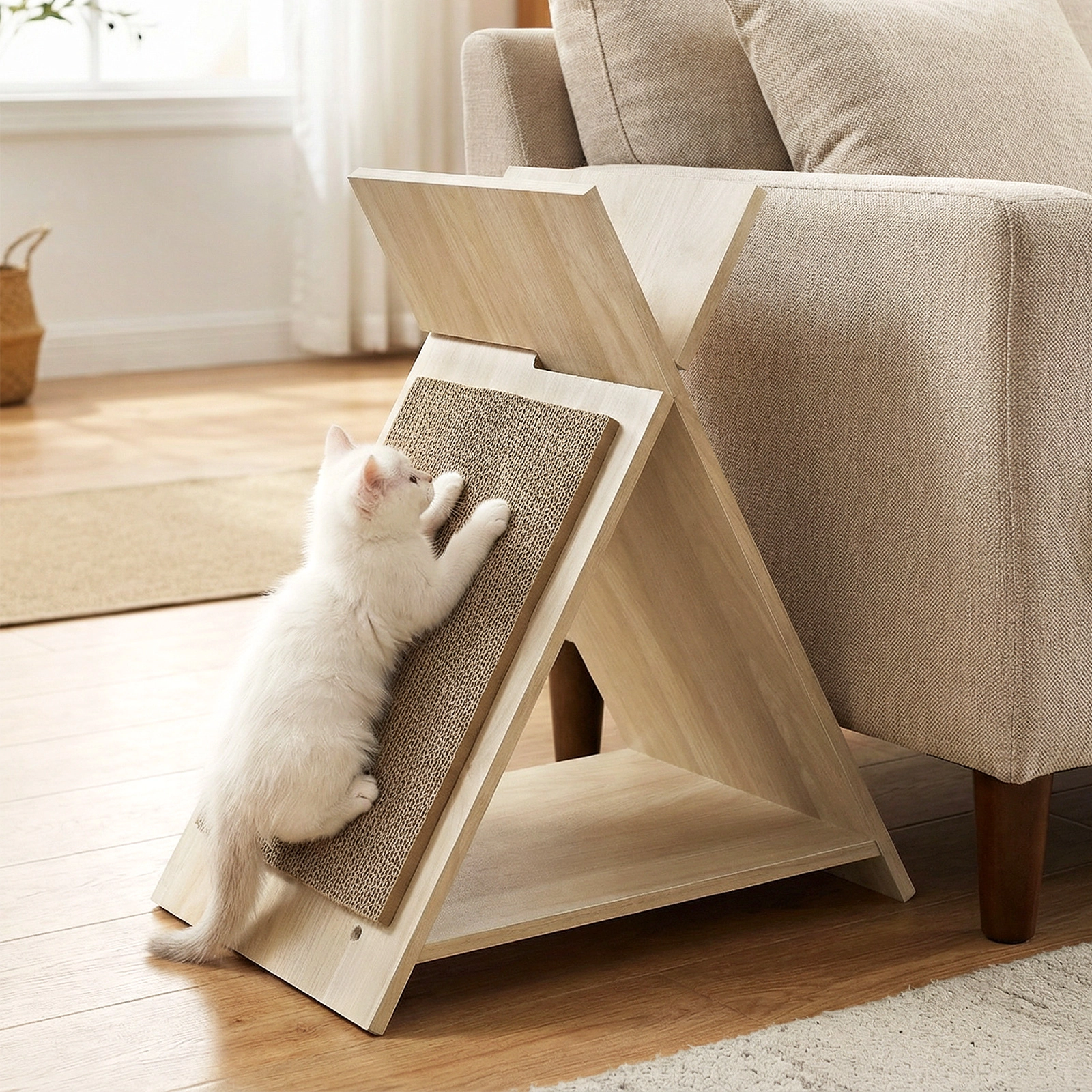 SUGIFT Cat Scratcher Natural with Corrugated Cardboard Tunnel and Wooden Lounge