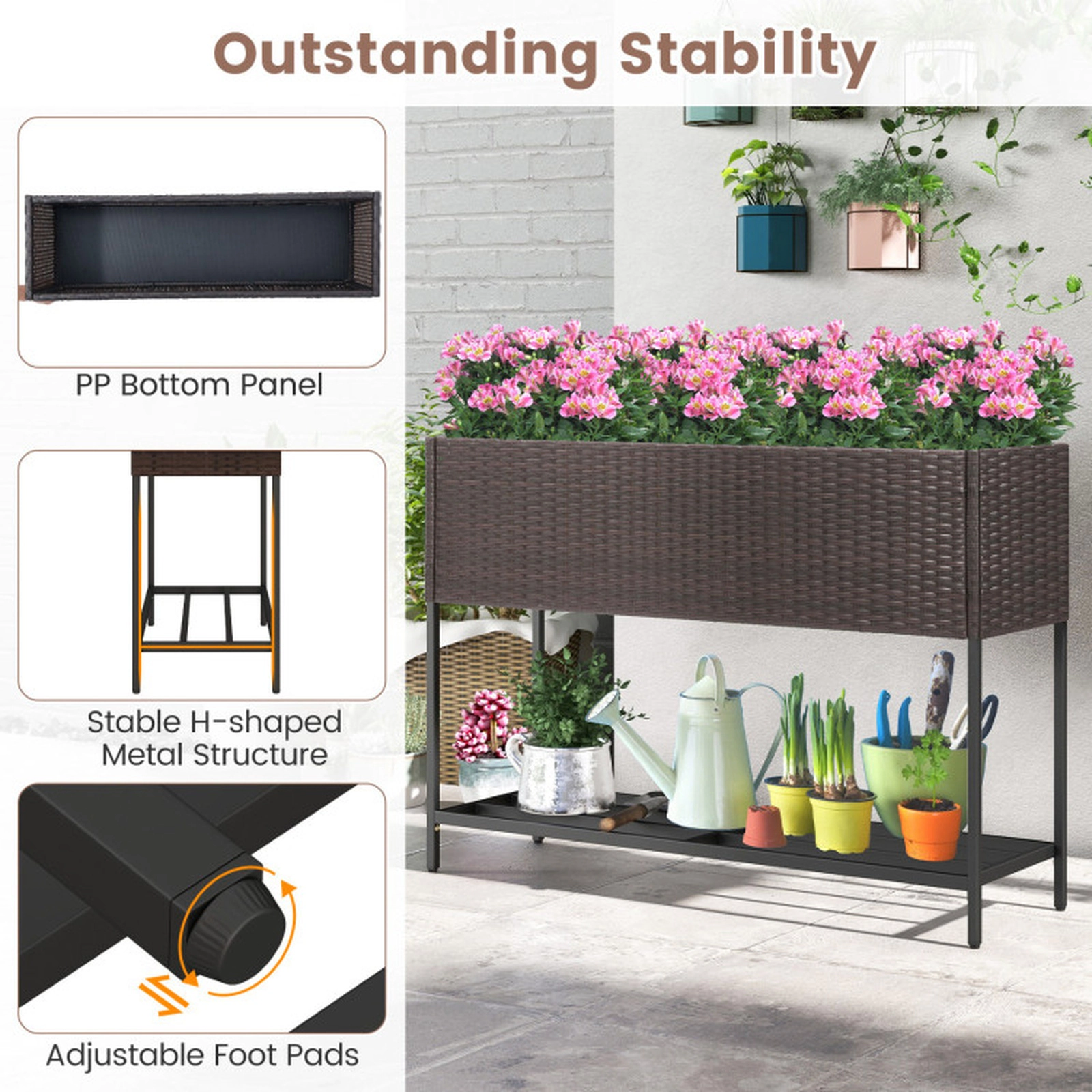SUGIFT Raised Garden Bed with Storage Shelf and Drainage Gaps 132-lb Planter Box Capacity 66-lb Shelf Capacity Black