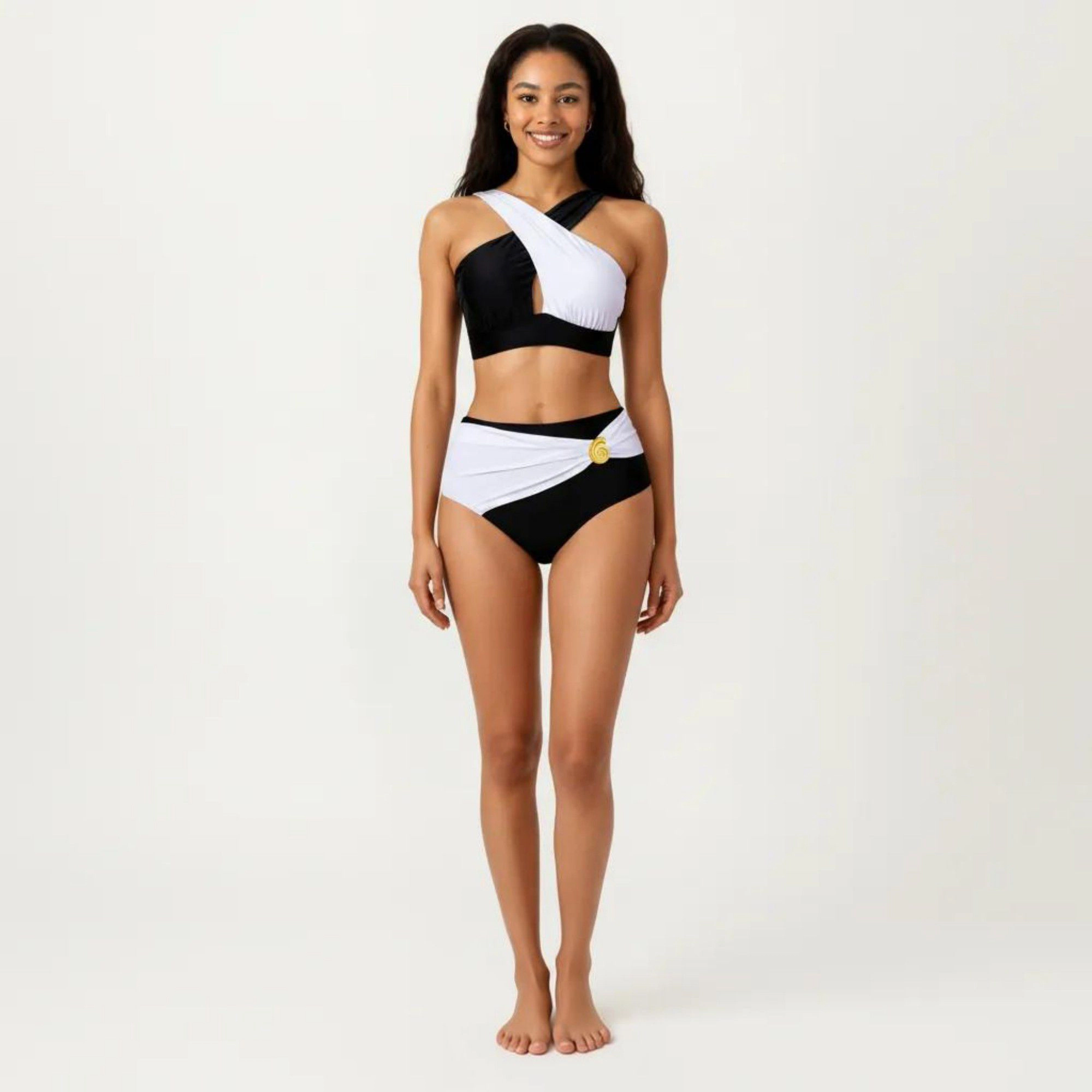 Anna-Kaci Women's 2-Piece Bikini Set with Cross Front Strap Color Block Top Cutout Detail High Waisted Bottom