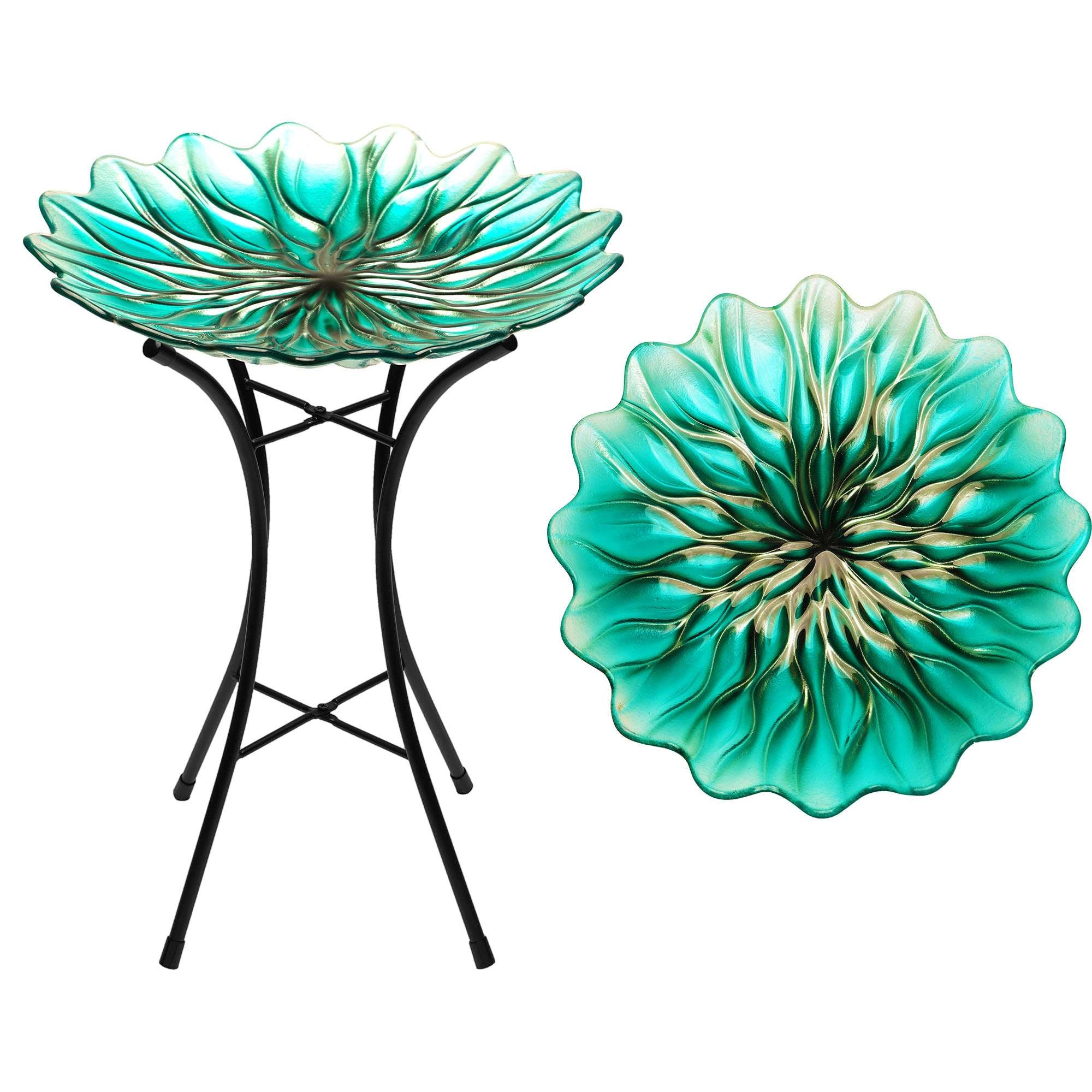G128 19in Painted Glass Bird Bath with Metal Stand - Green Decorative Outdoor Feeder Bowl