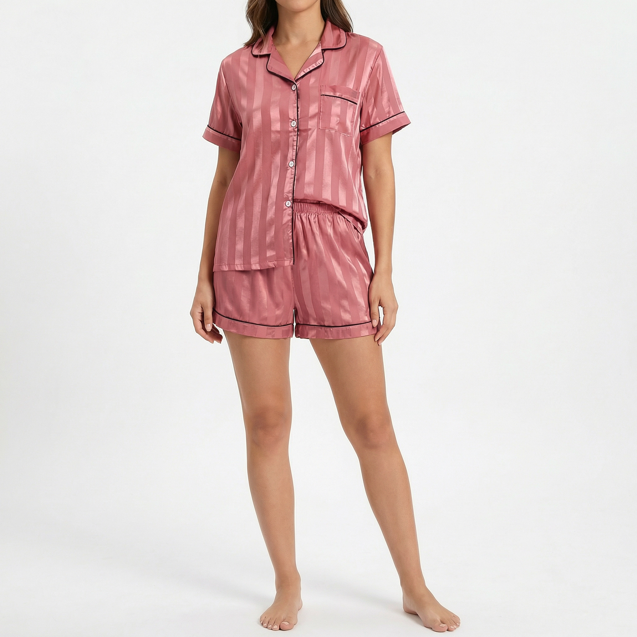 CTM Women's Short Sleeve Thick Striped Satin Pajama Set