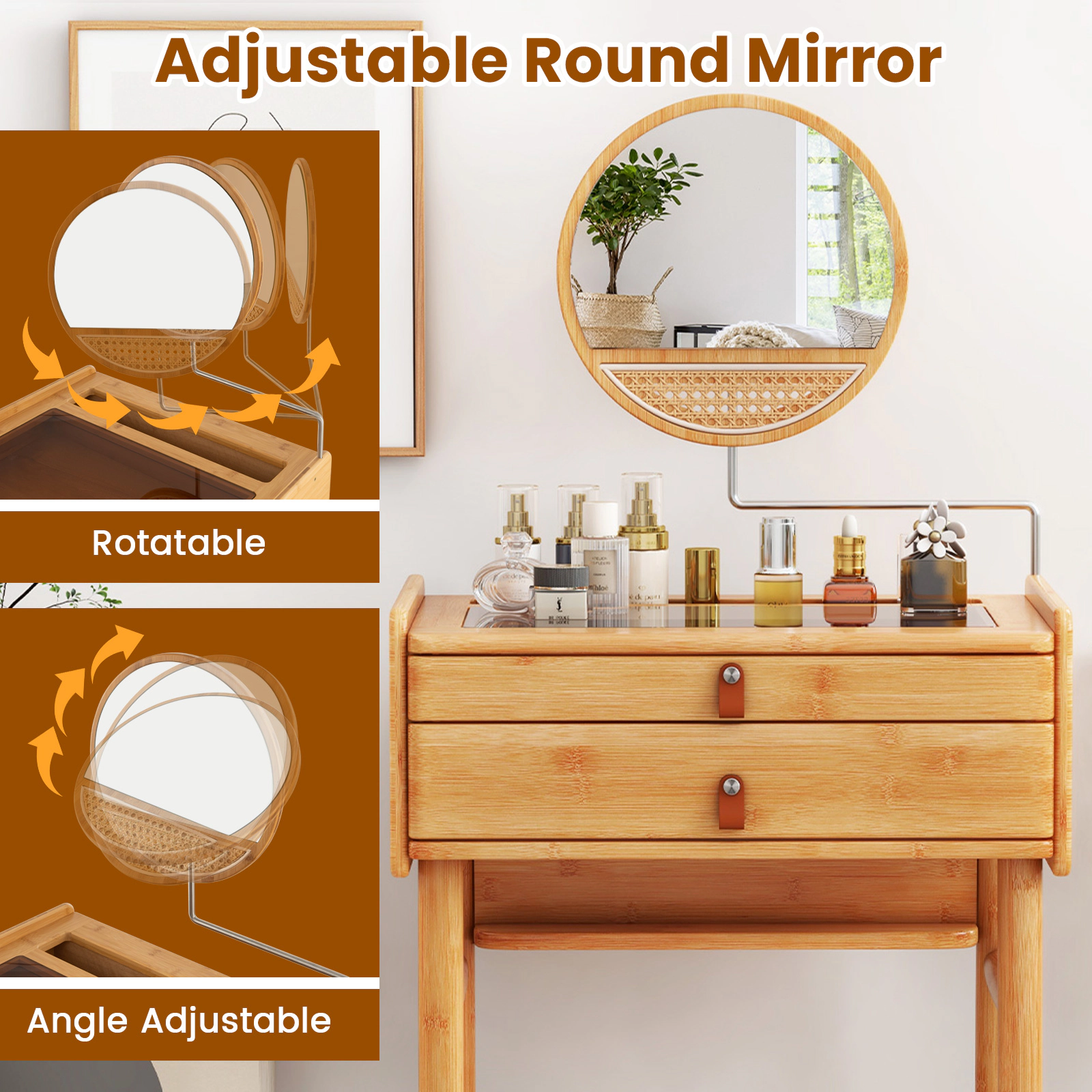 SUGIFT Bamboo Makeup Vanity Table Natural with Movable Mirror and 2 Storage Drawers
