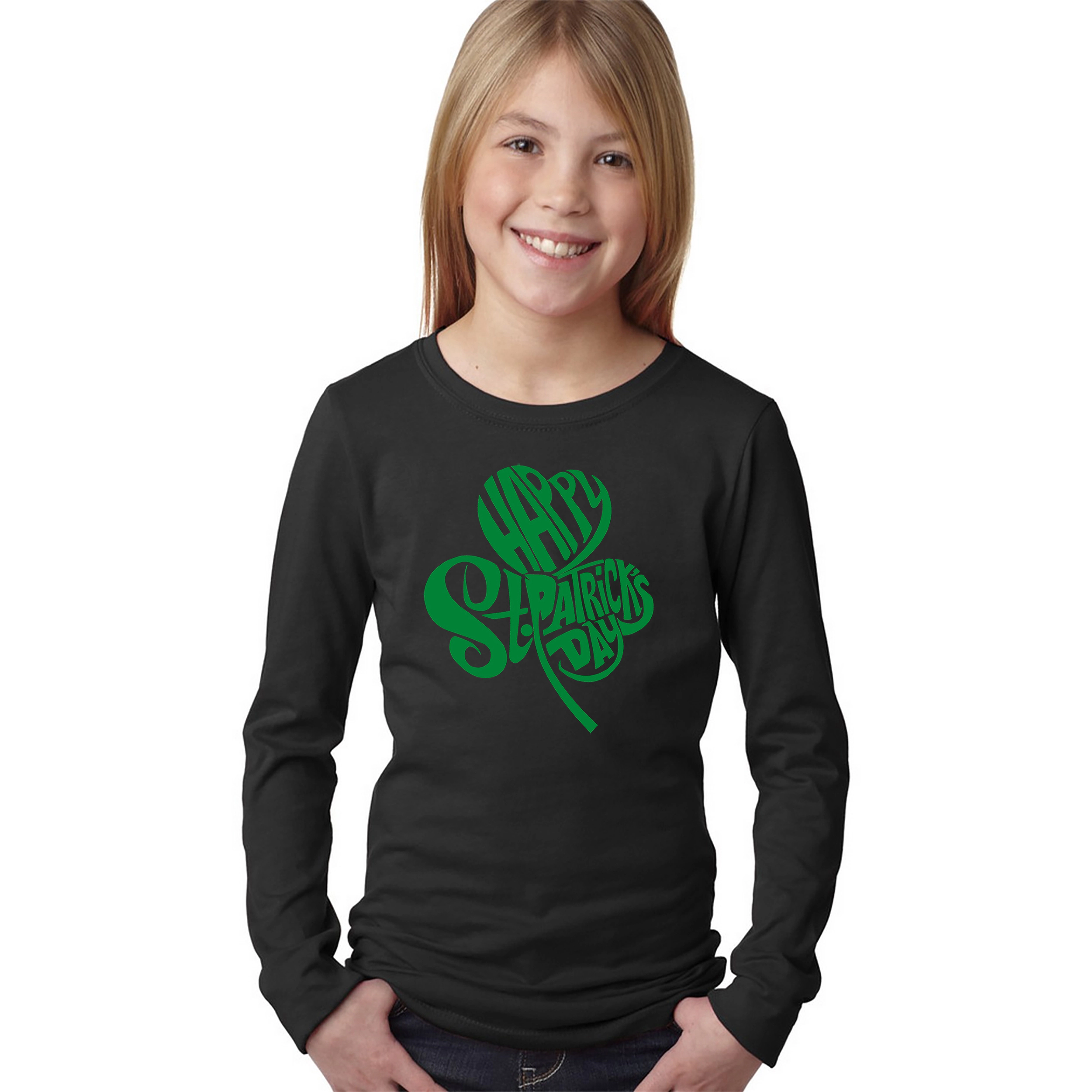 LA Pop Art Girls Long Sleeve Word T-Shirt - St. Patrick's Day Shamrock