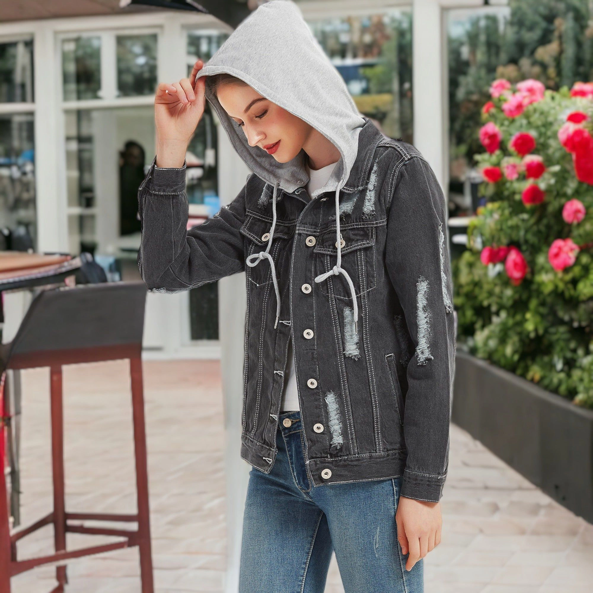 Anna-Kaci Women's Detachable Hoodie Denim Distressed Jean Jacket