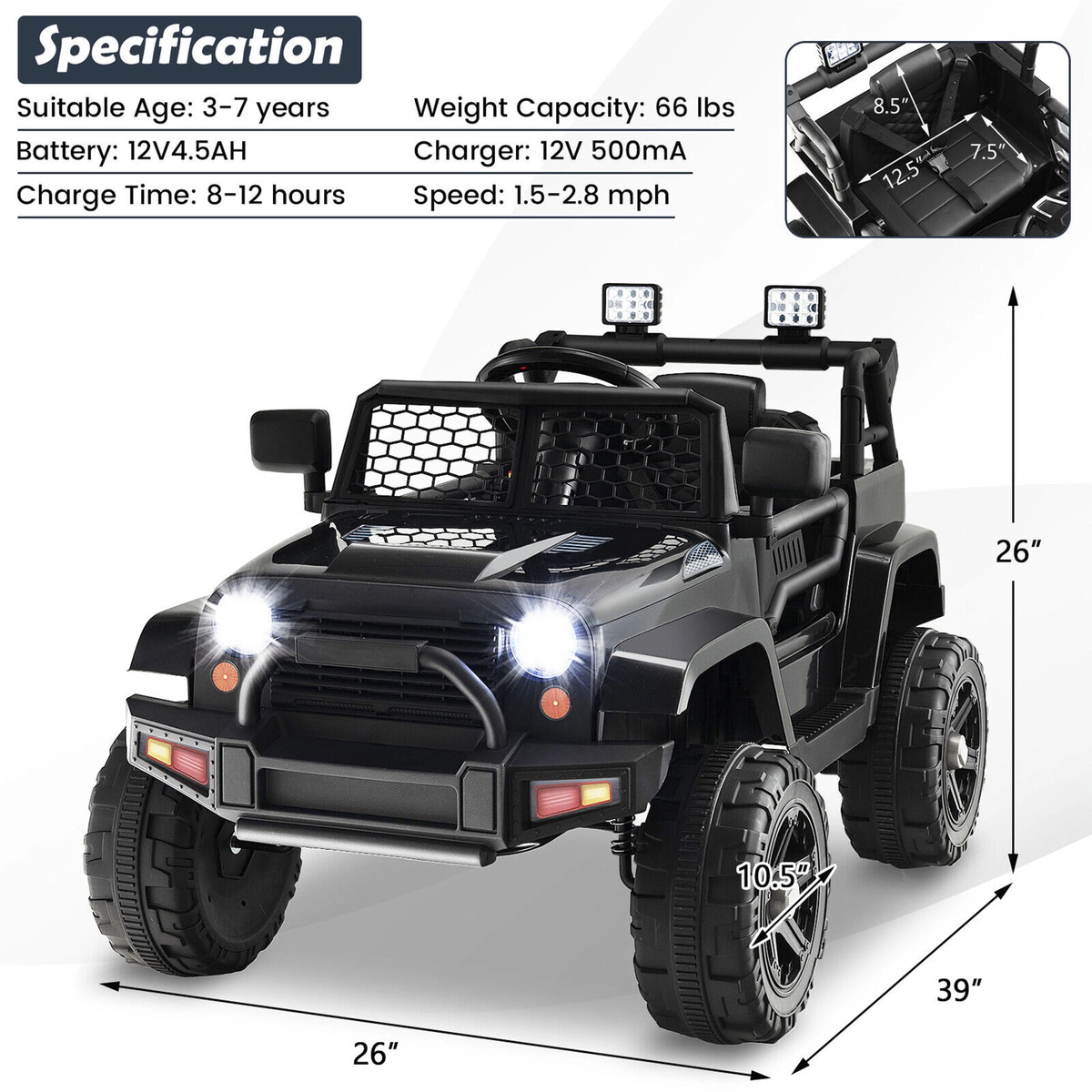 SUGIFT 12V Kids Ride On Truck with Remote Control & Headlights 66-lb Capacity Ages 3-7 39-in Body Steel & Plastic Black