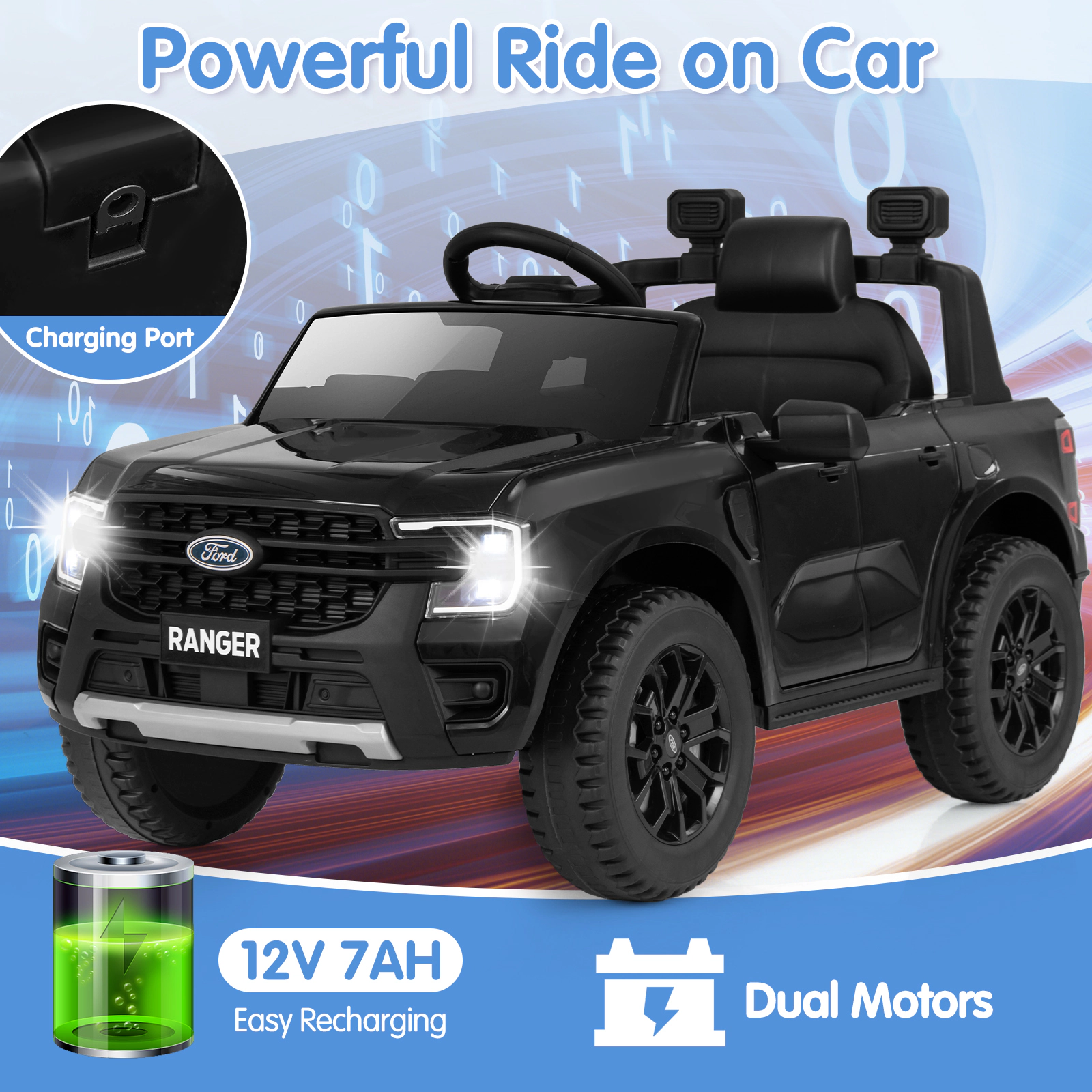Hivvago 12V Electric Kids Ride on Car Licensed Ford Ranger with Remote Control and Music-Black