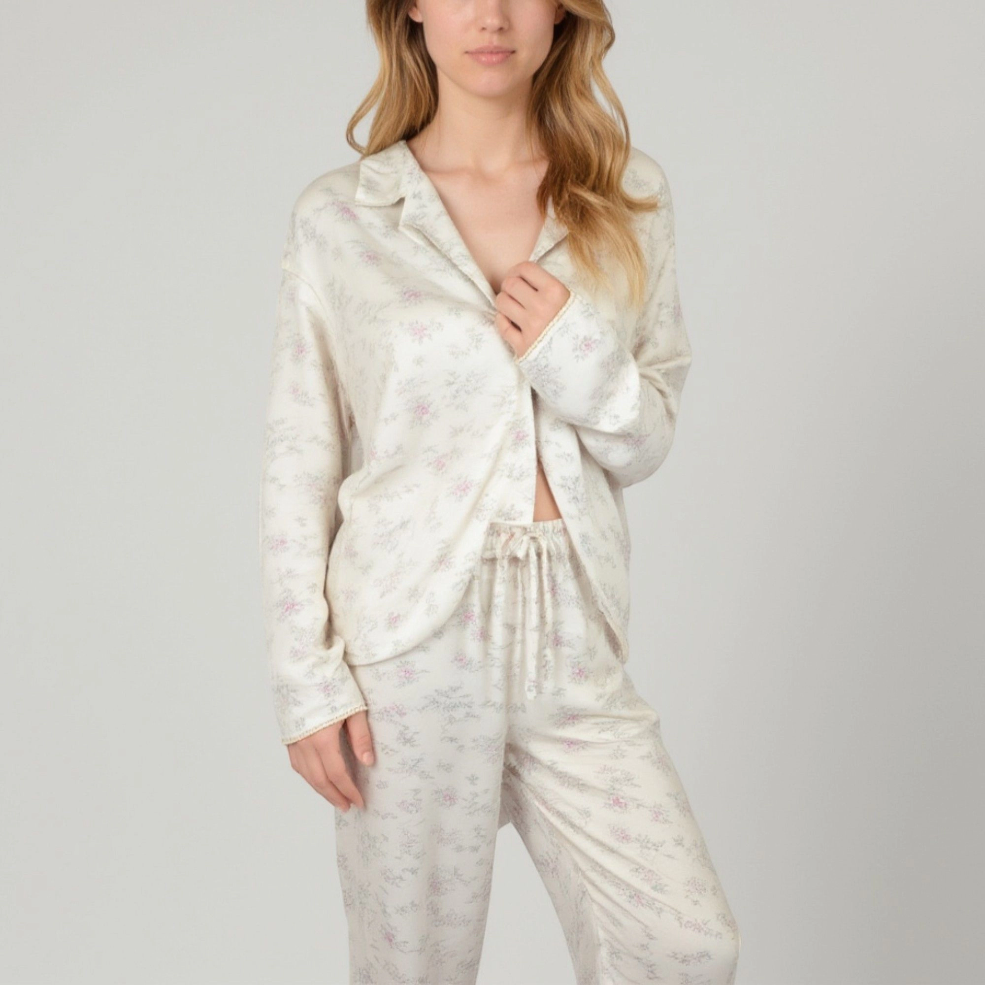 Anna-Kaci Women's Soft Brushed Pajama Set with Subtle Floral Print Long Sleeve Button Up Top and Drawstring Pants